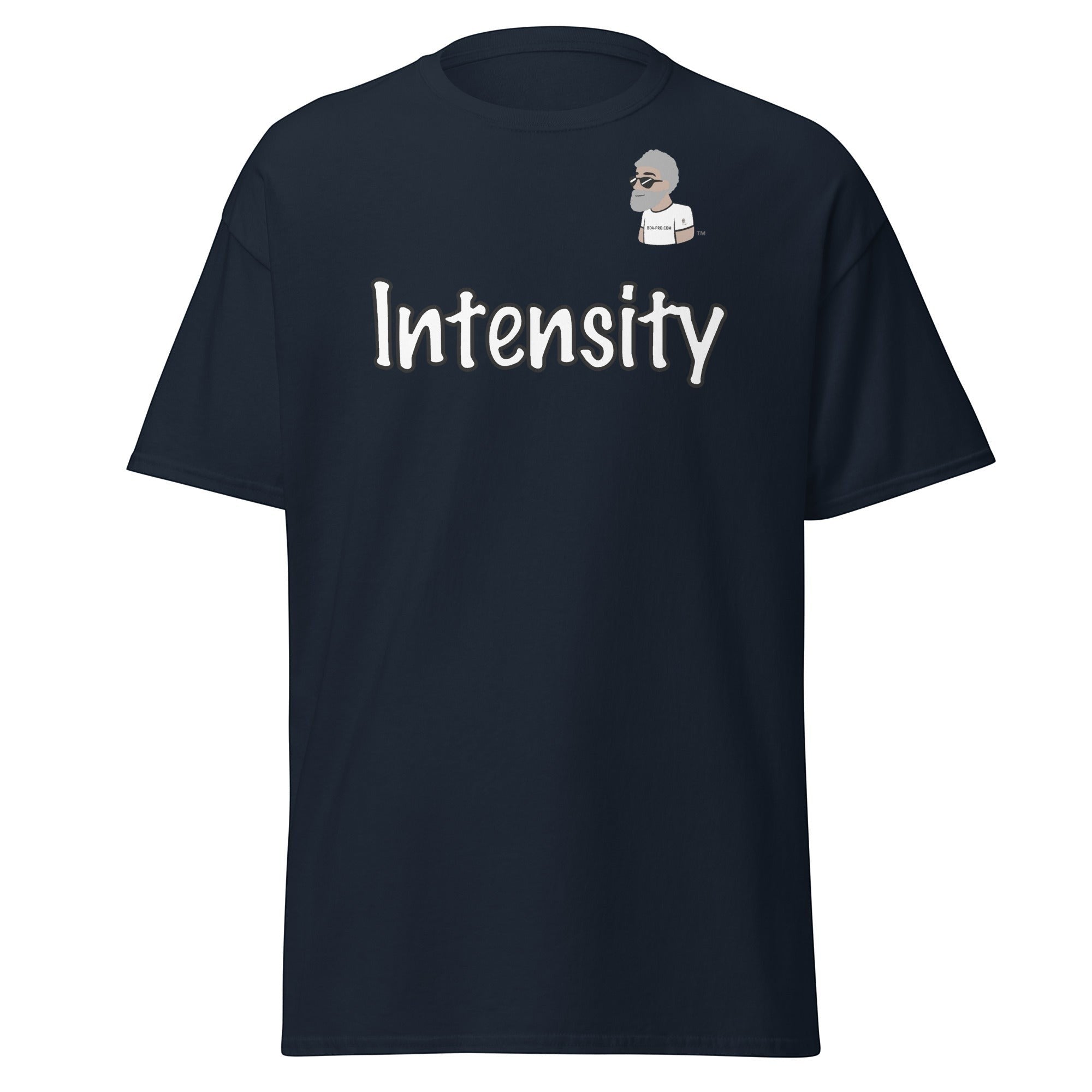 Big Daddy Allen Productions navy blue cotton t-shirt with white "Intensity" graphic and BDA logo.