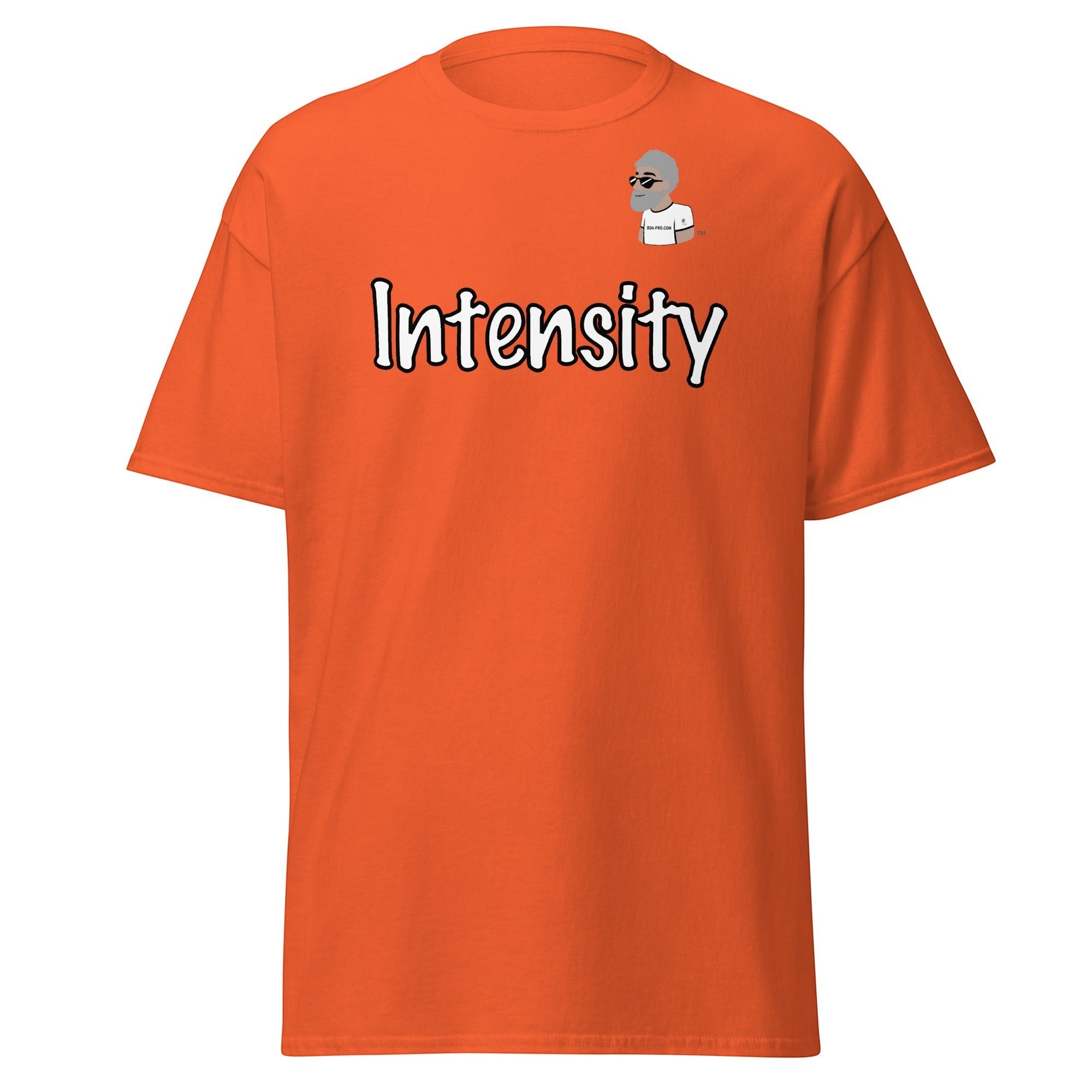 Big Daddy Allen Productions orange cotton t-shirt with "Intensity" graphic and BDA logo.