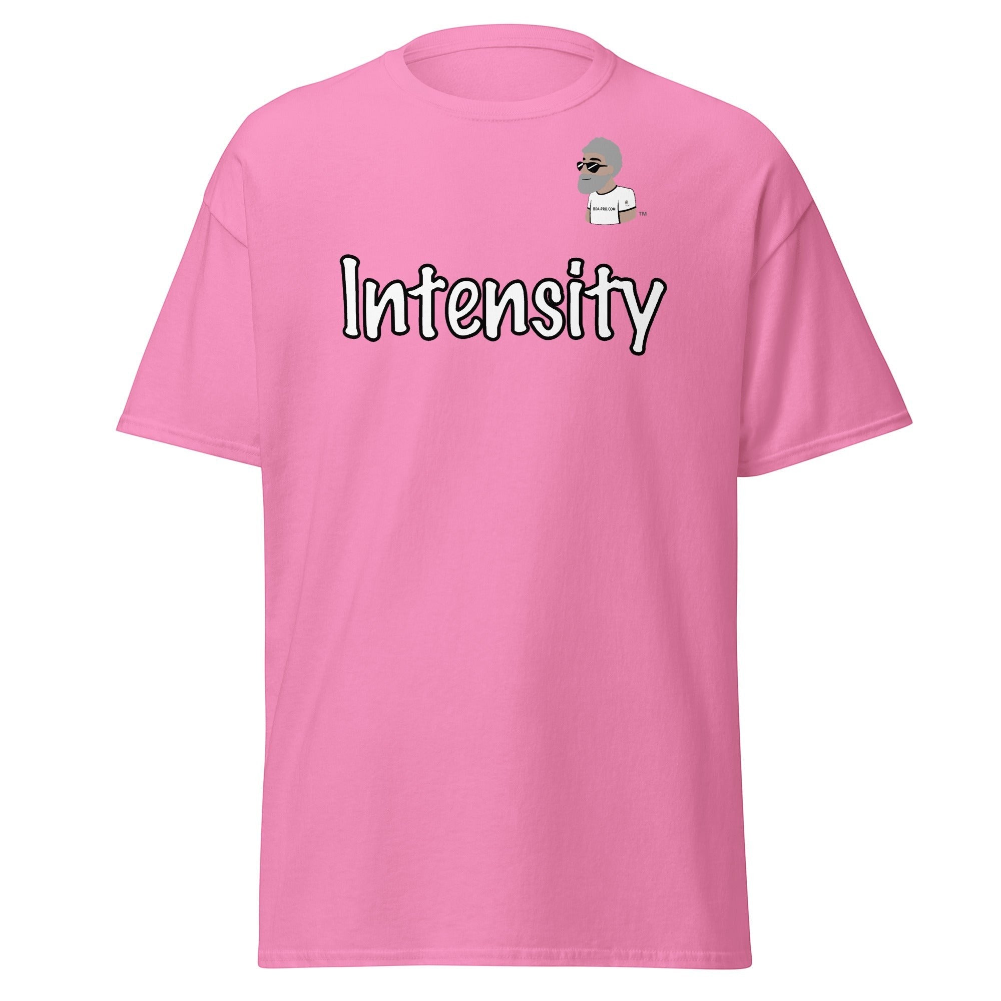 Big Daddy Allen Productions pink cotton t-shirt with "Intensity" graphic and BDA logo on chest.