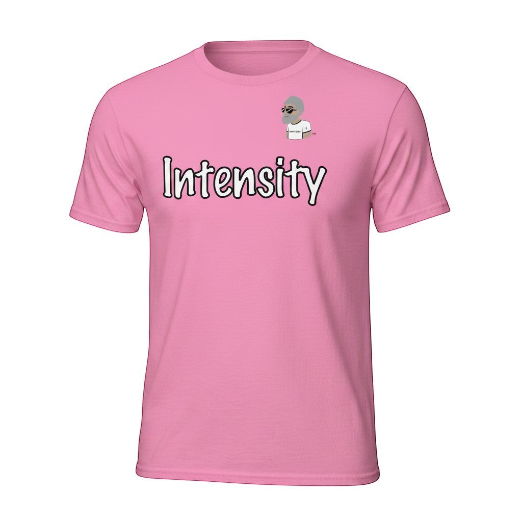 Big Daddy Allen Productions pink cotton t-shirt with "Intensity" graphic and BDA logo.