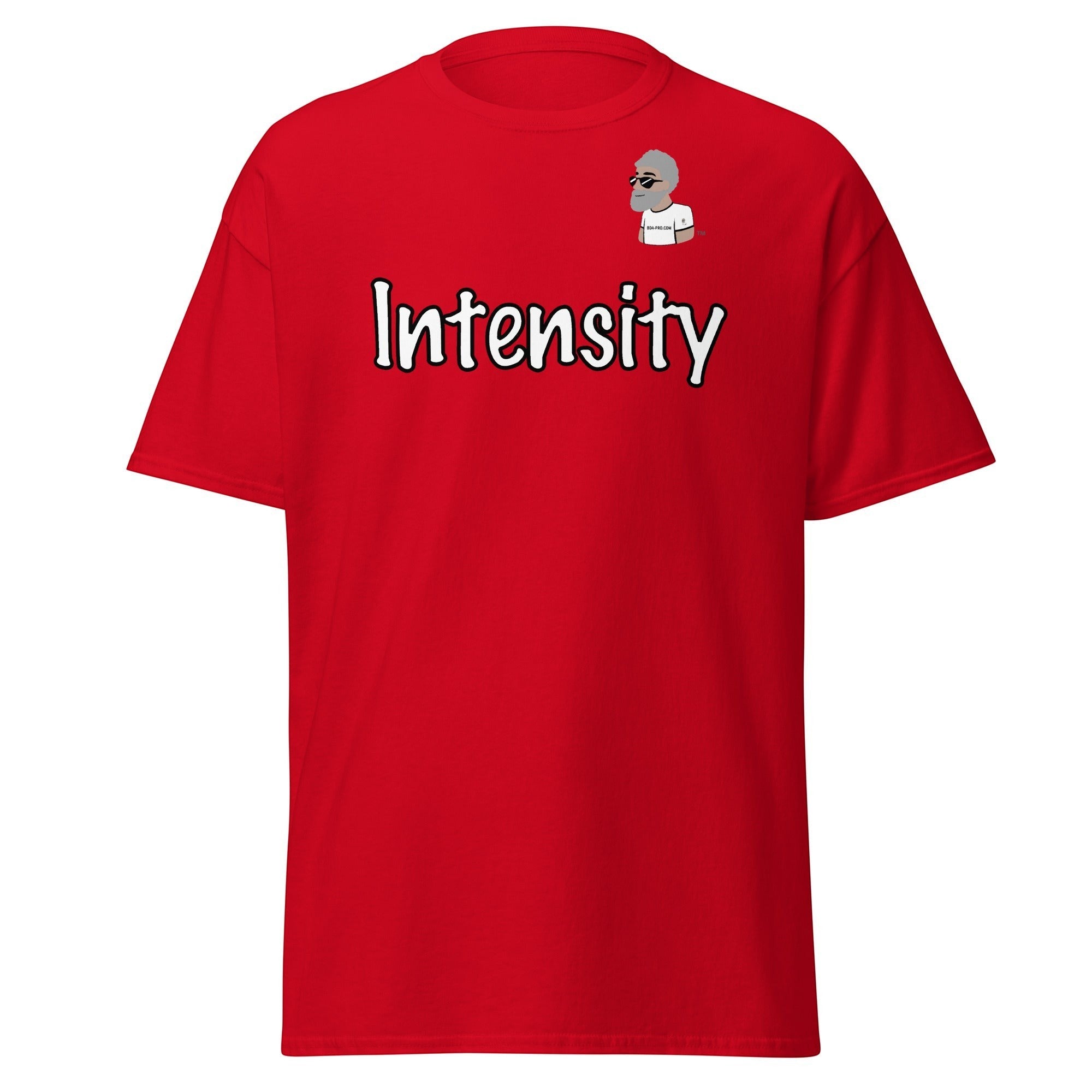 Big Daddy Allen Productions red cotton t-shirt with "Intensity" graphic and BDA logo. Short sleeve, crew neck.