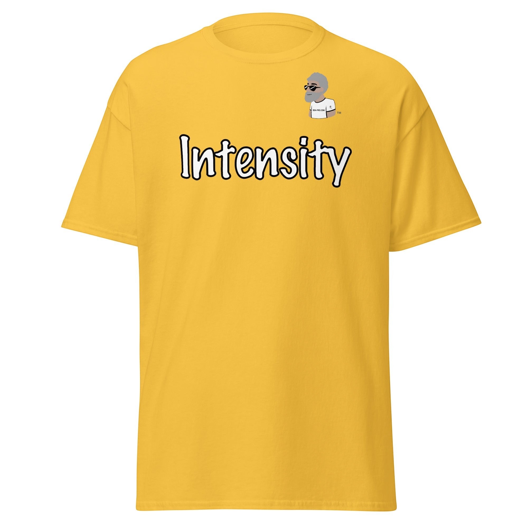 Big Daddy Allen Productions yellow cotton t-shirt with "Intensity" graphic and BDA logo on chest.