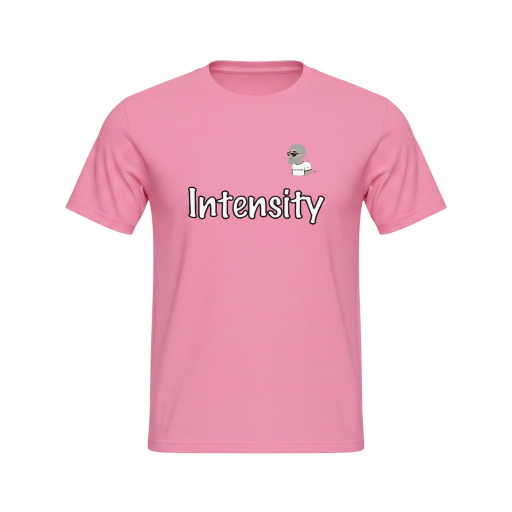 Big Daddy Allen Productions pink cotton t-shirt with "Intensity" graphic and stylized character.