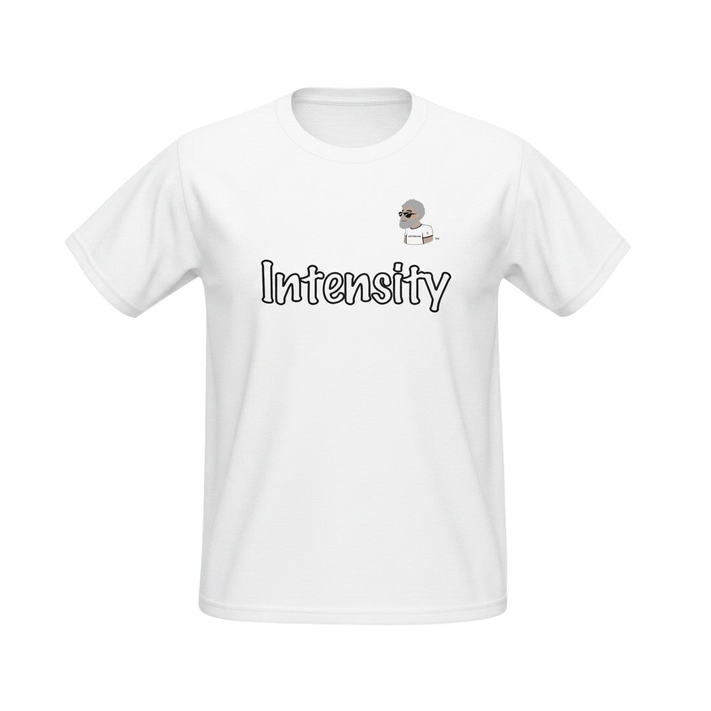 Big Daddy Allen Productions white cotton t-shirt with "Intensity" graphic and stylized character.