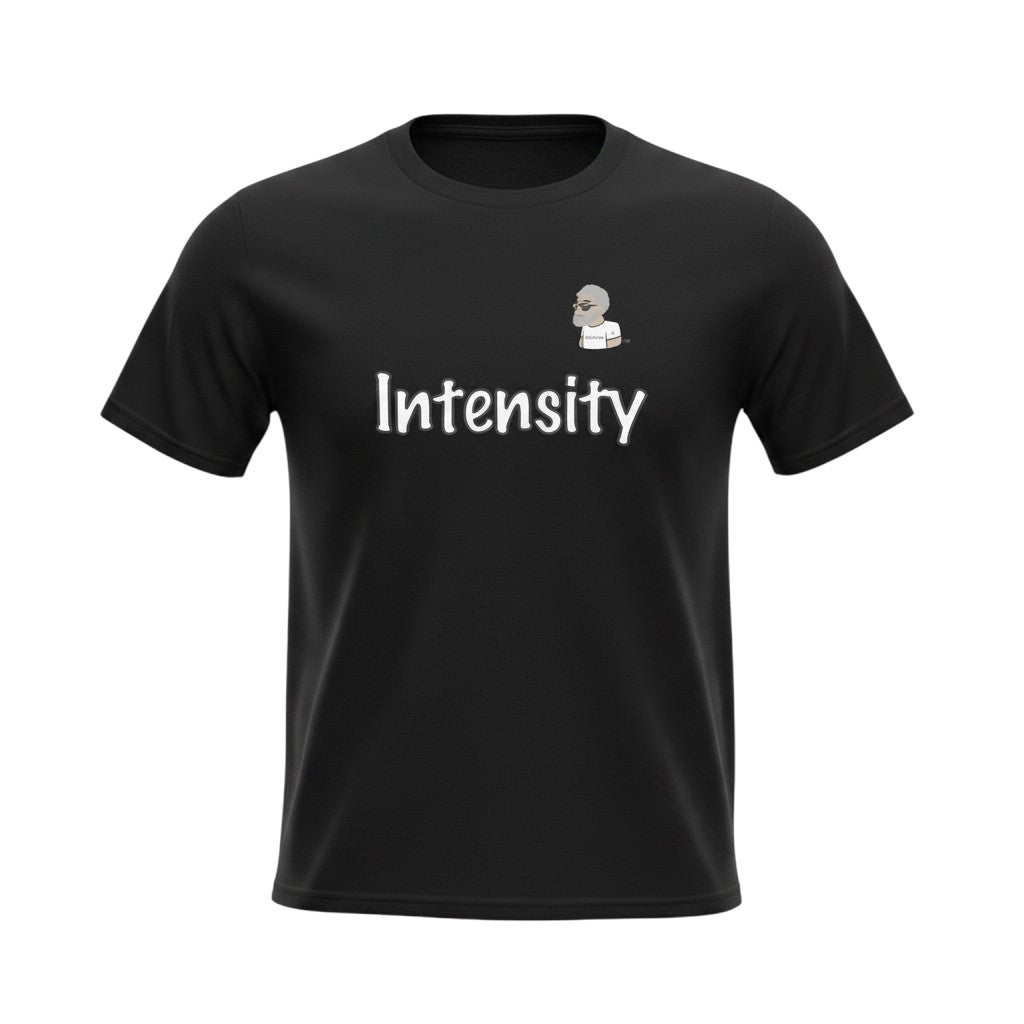 Big Daddy Allen Productions black cotton t-shirt with "Intensity" graphic and stylized character.