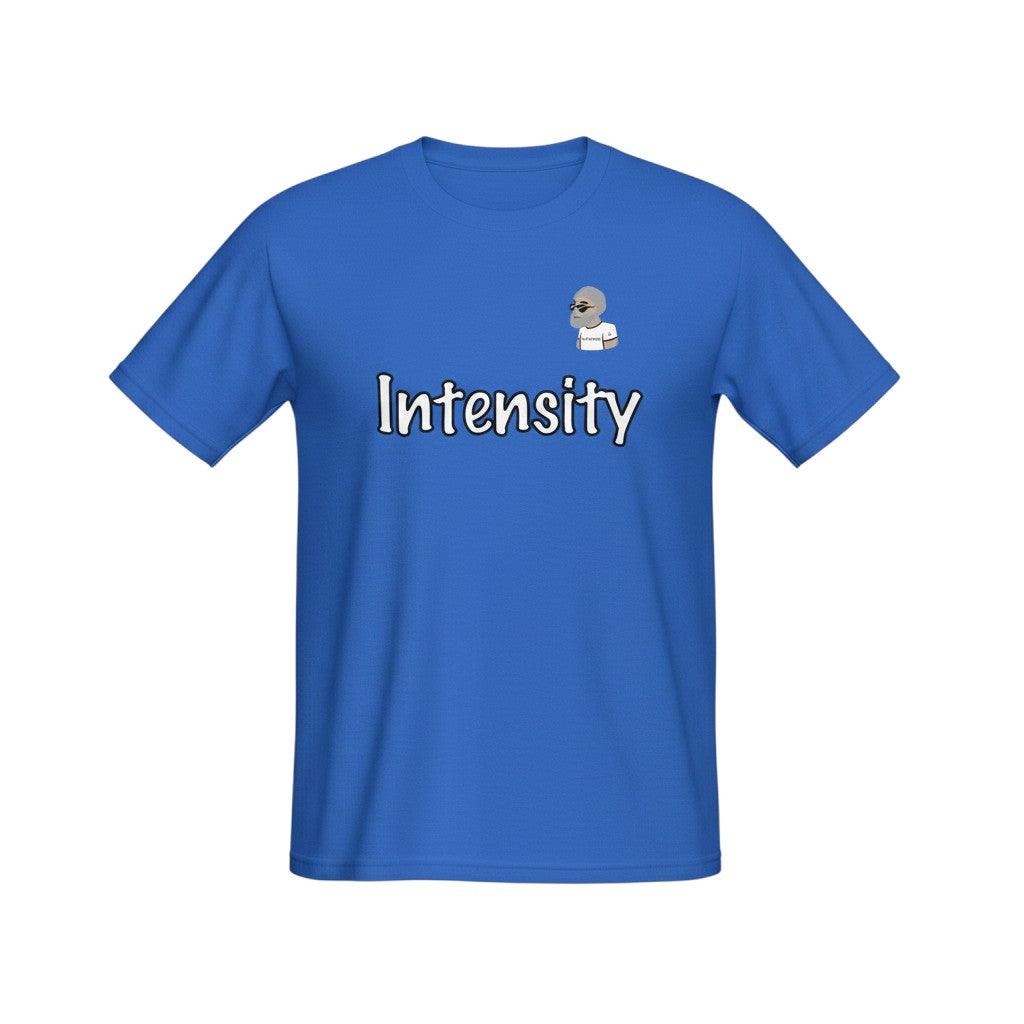 Big Daddy Allen Productions blue cotton t-shirt with "Intensity" graphic and cartoon character.