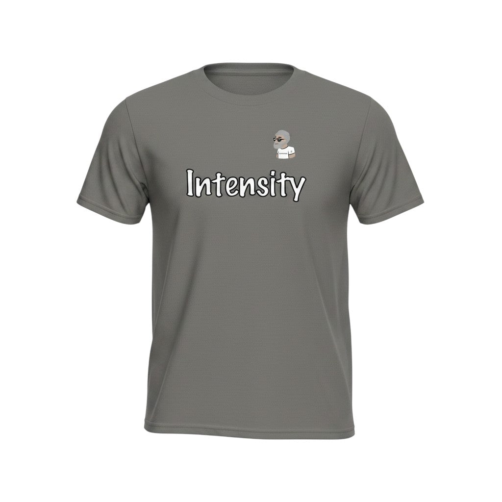 Big Daddy Allen Productions charcoal grey cotton t-shirt with "Intensity" graphic and cartoon character.