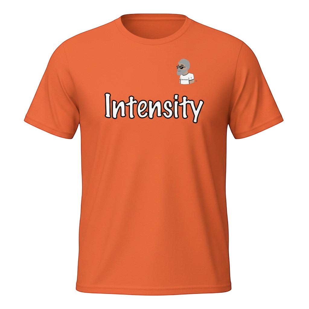 Big Daddy Allen Productions orange cotton t-shirt with "Intensity" graphic and BDA logo. Crew neck, short sleeves.