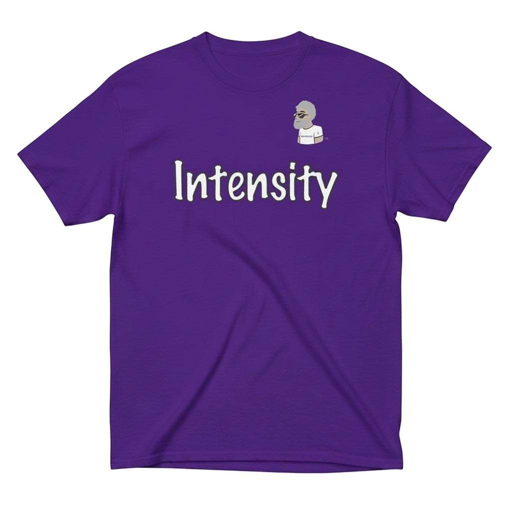 Big Daddy Allen Productions purple cotton t-shirt with white "Intensity" graphic and cartoon logo.