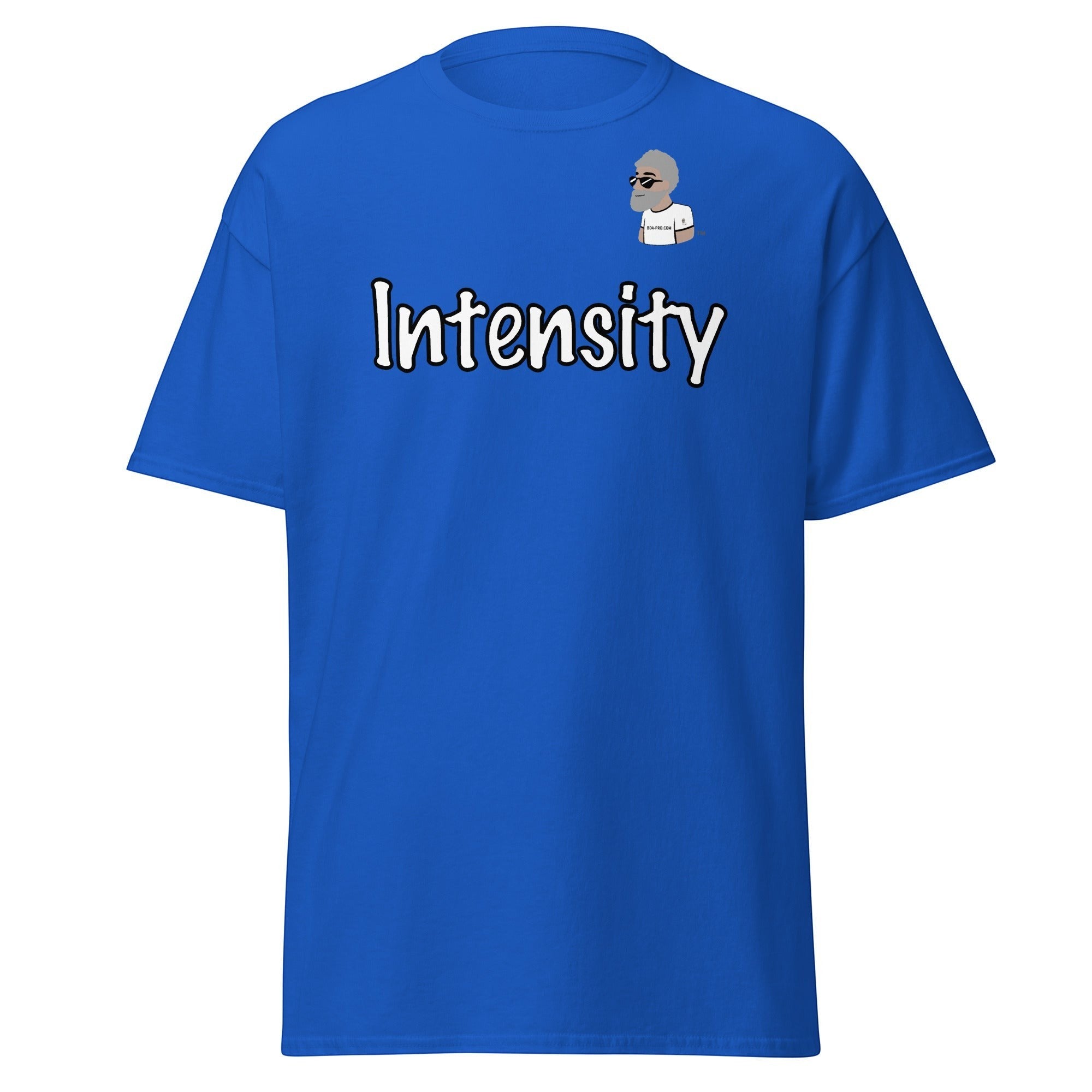 Big Daddy Allen Productions royal blue cotton t-shirt with "Intensity" graphic and BDA logo on chest.