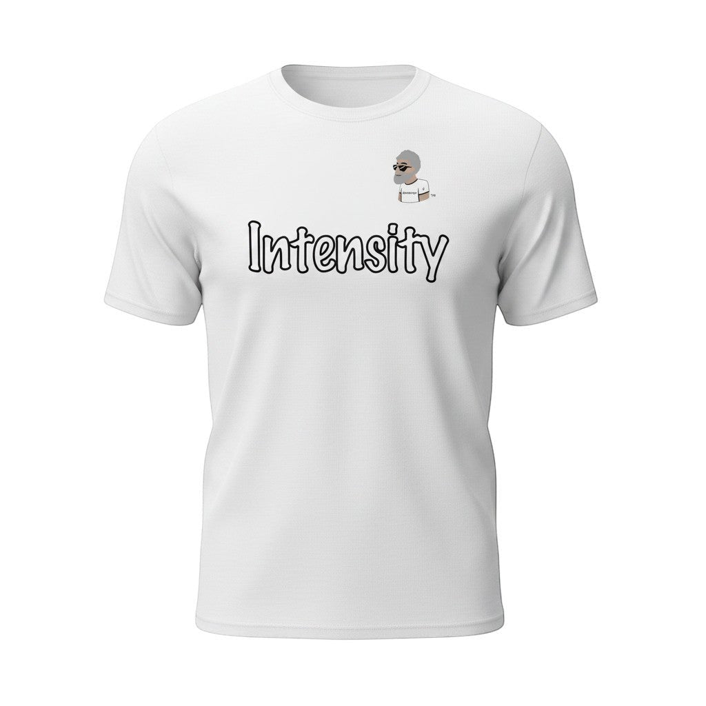 Big Daddy Allen Productions white cotton t-shirt with "Intensity" graphic and BDA logo.