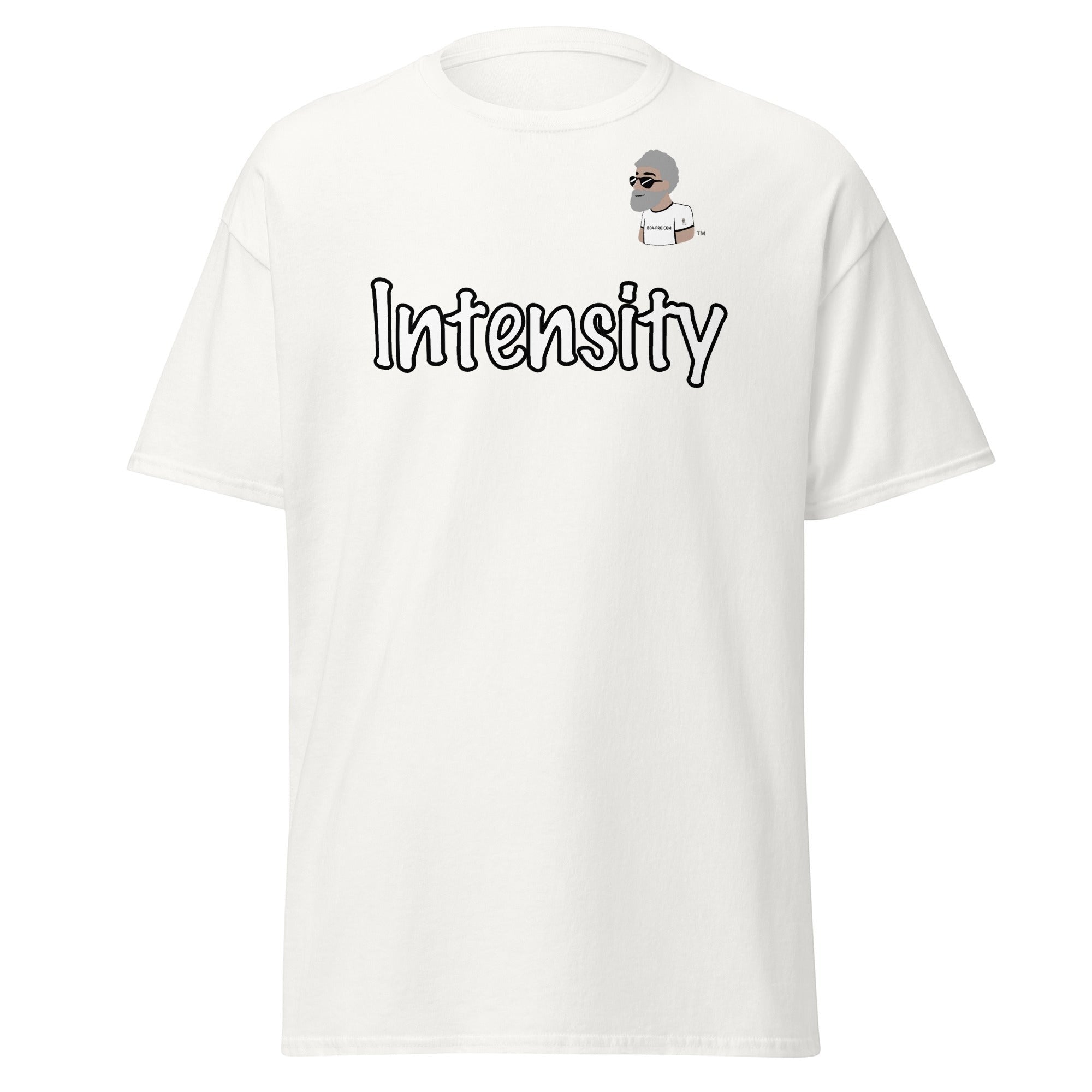 White cotton t-shirt with "Intensity" graphic and BDA logo. Big Daddy Allen Productions.