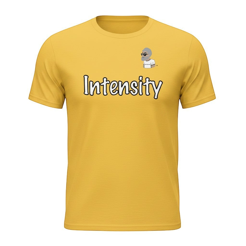 Big Daddy Allen Productions yellow cotton t-shirt with "Intensity" graphic and BDA logo. Crew neck, short sleeves.
