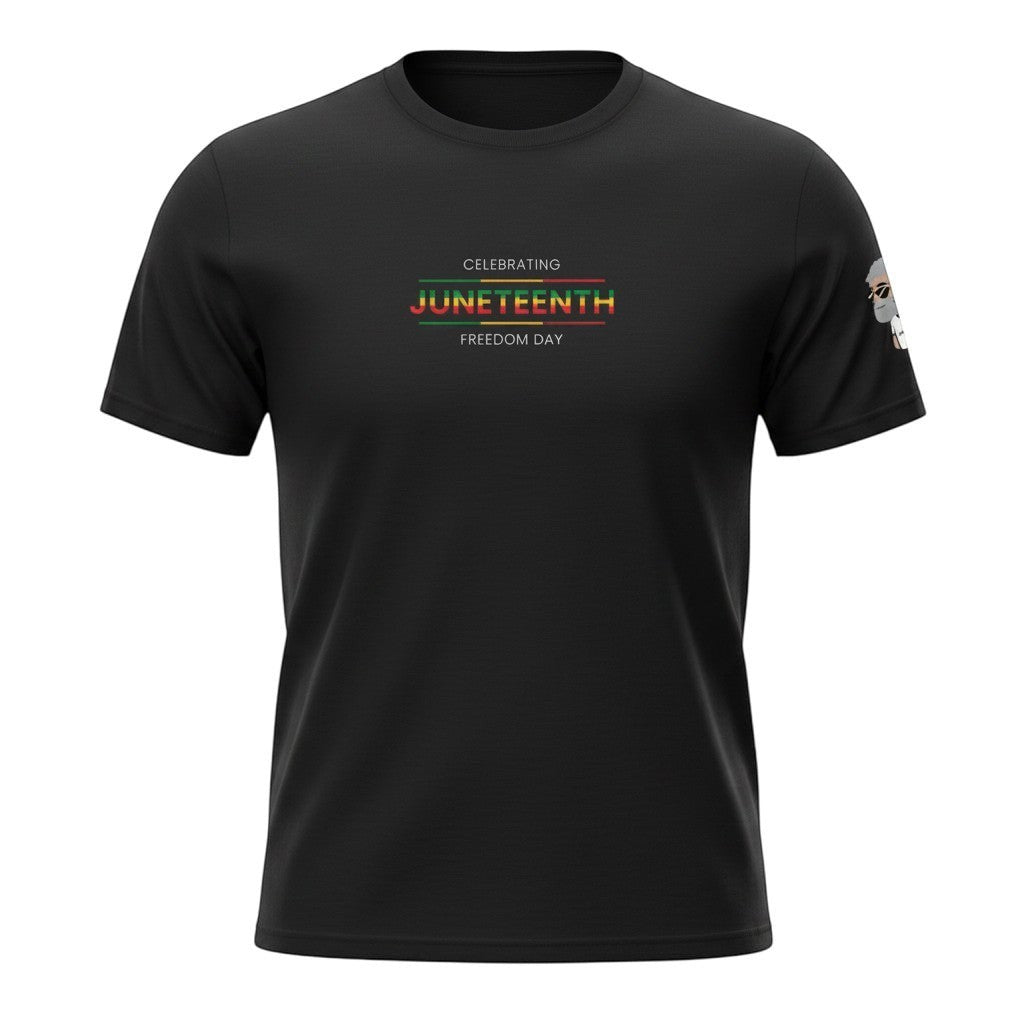 Big Daddy Allen Productions black cotton t-shirt with "CELEBRATING JUNETEENTH FREEDOM DAY" graphic in Pan-African colors.