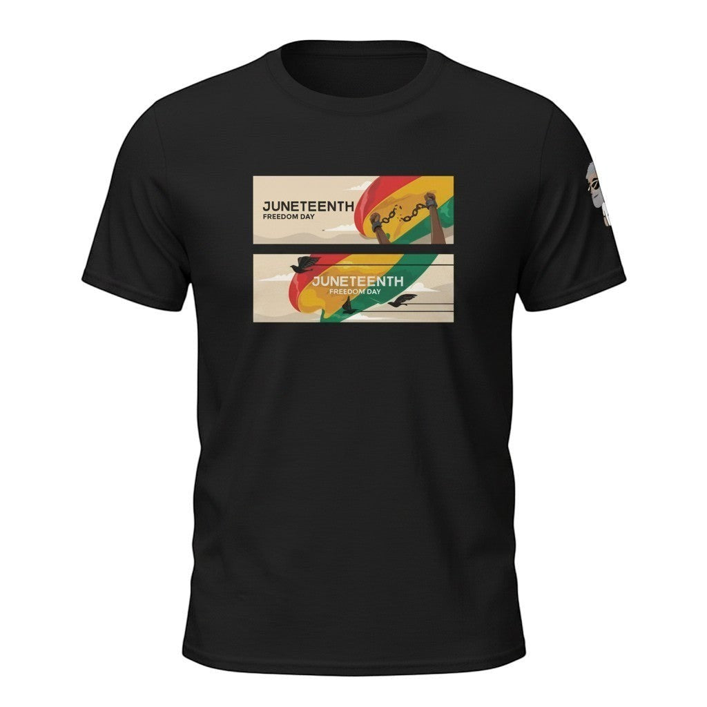 Big Daddy Allen Productions black cotton t-shirt with Juneteenth graphic featuring broken chains and Pan-African flag.