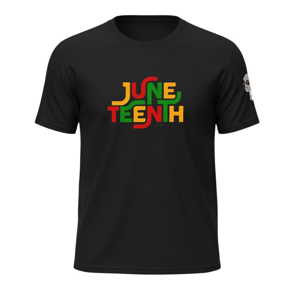 Big Daddy Allen Productions black cotton Juneteenth graphic t-shirt with red, yellow, and green text.