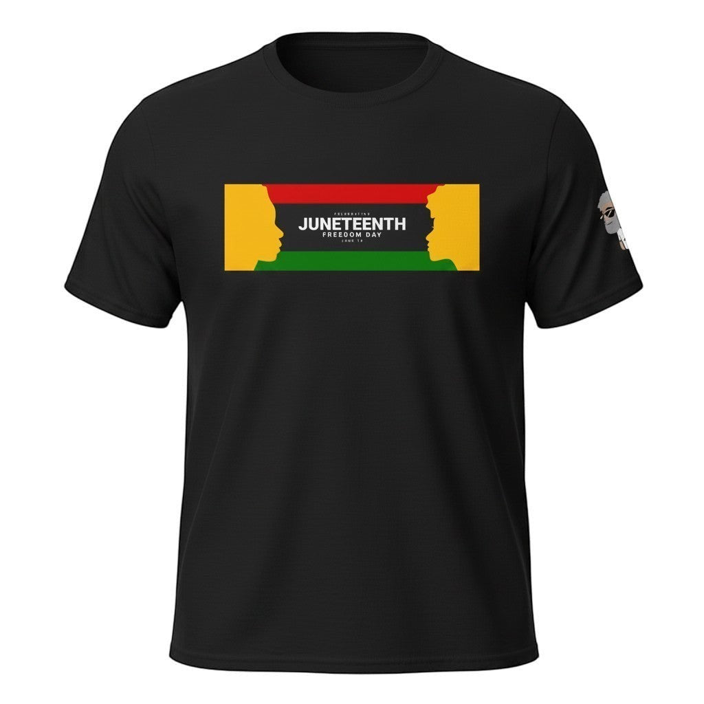 Big Daddy Allen Productions black Juneteenth graphic t-shirt with silhouette of two profiles facing each other over the Juneteenth flag colors.