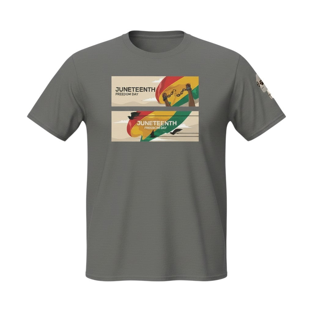 Big Daddy Allen Productions charcoal grey cotton t-shirt with Juneteenth graphic symbolizing freedom and broken chains.