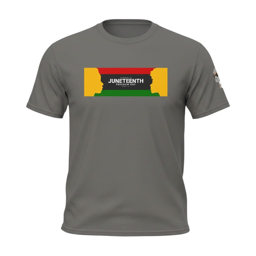 Big Daddy Allen Productions Juneteenth graphic t-shirt with silhouette of two profiles against the Juneteenth flag colors.