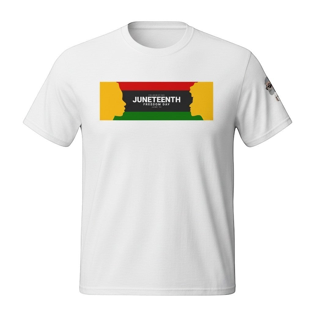 Big Daddy Allen Productions white cotton t-shirt with Juneteenth Freedom Day graphic featuring silhouettes and flag colors.