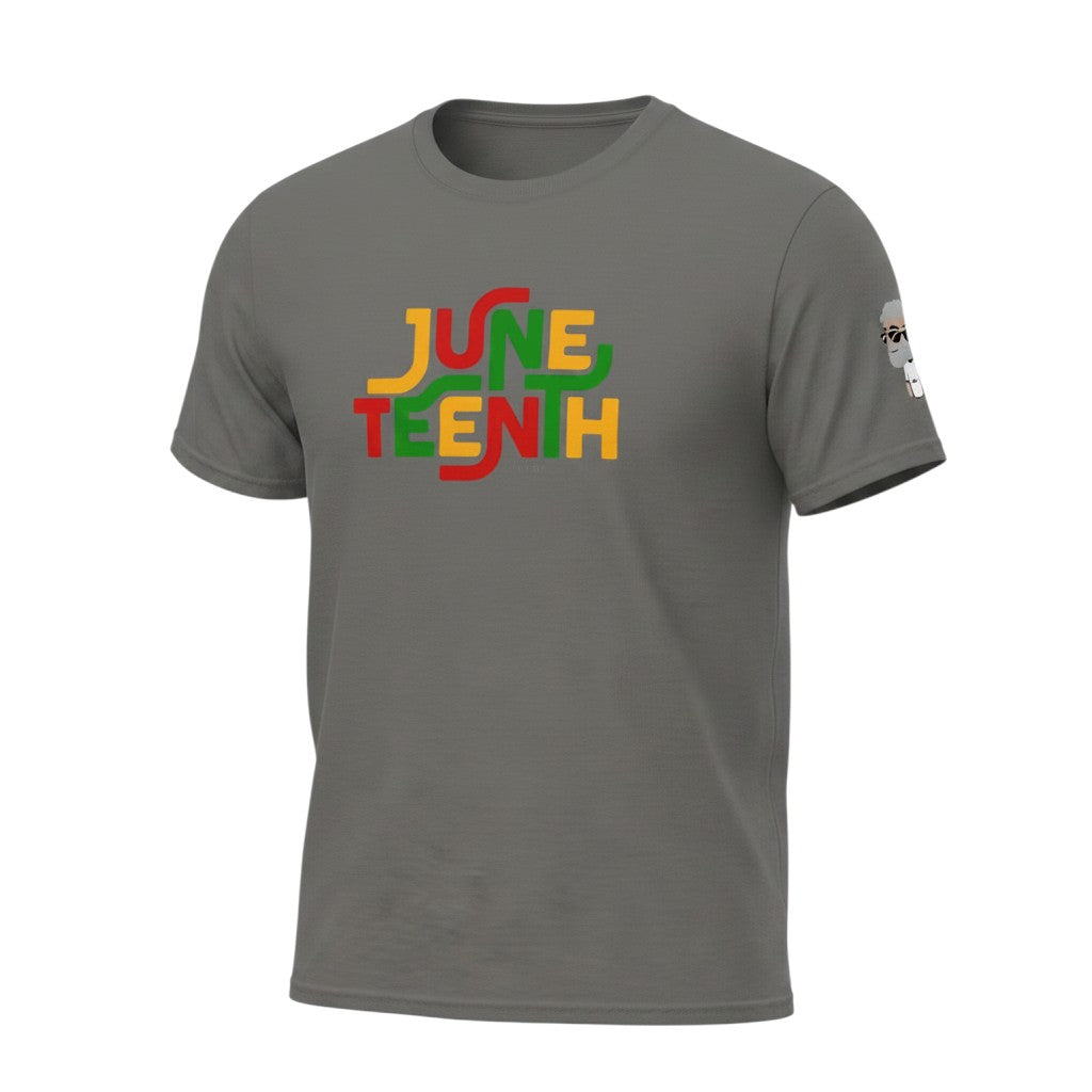 Big Daddy Allen Productions Juneteenth graphic t-shirt in gray cotton with red, yellow, and green text.