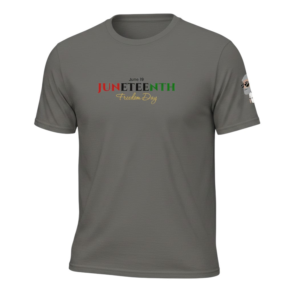 Big Daddy Allen Productions grey cotton t-shirt with "June 19 Juneteenth Freedom Day" graphic in Pan-African colors.