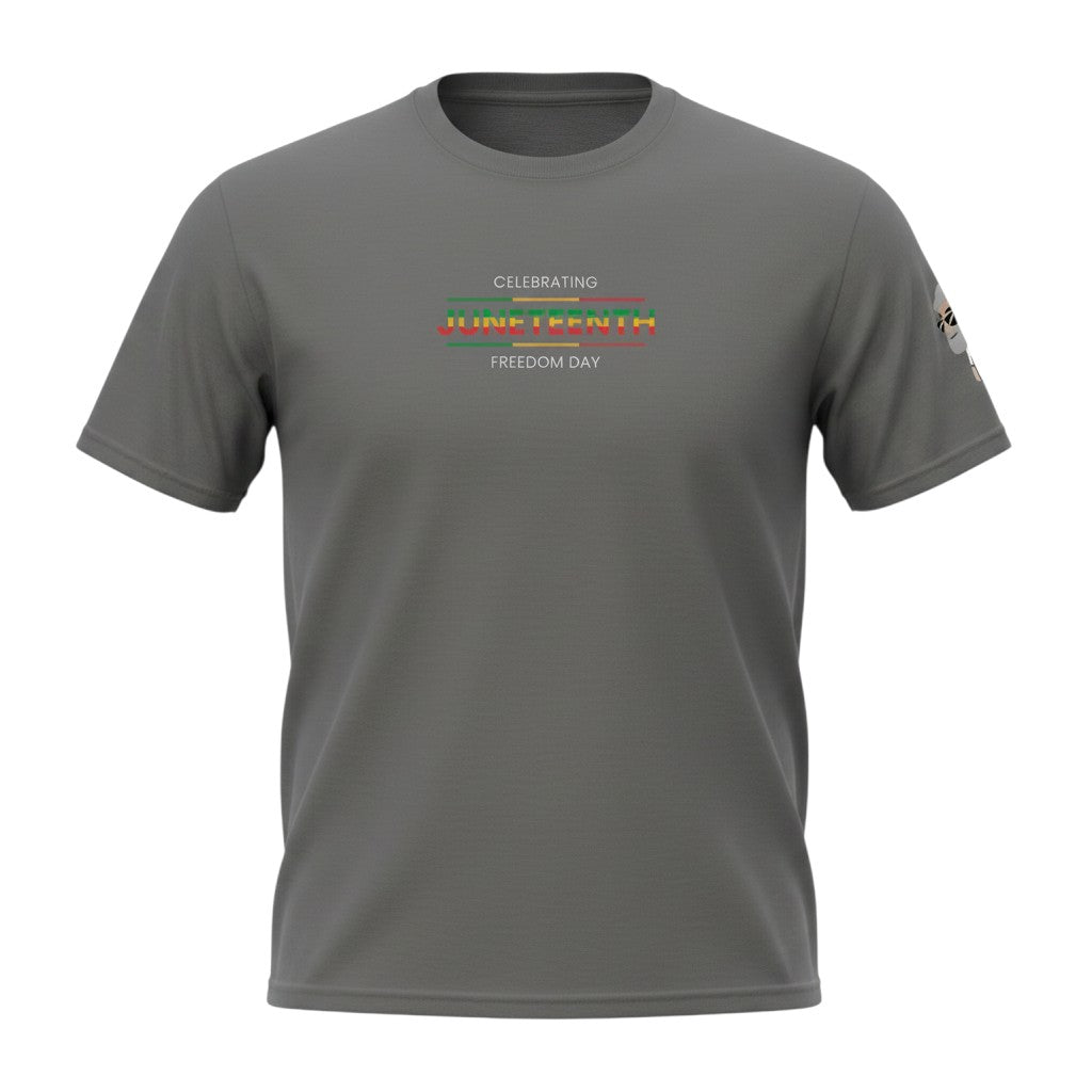 Big Daddy Allen Productions Juneteenth graphic t-shirt in charcoal grey with Pan-African colors and text.