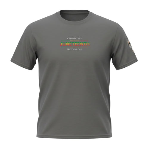 Big Daddy Allen Productions Juneteenth graphic t-shirt in charcoal grey with Pan-African colors and text.