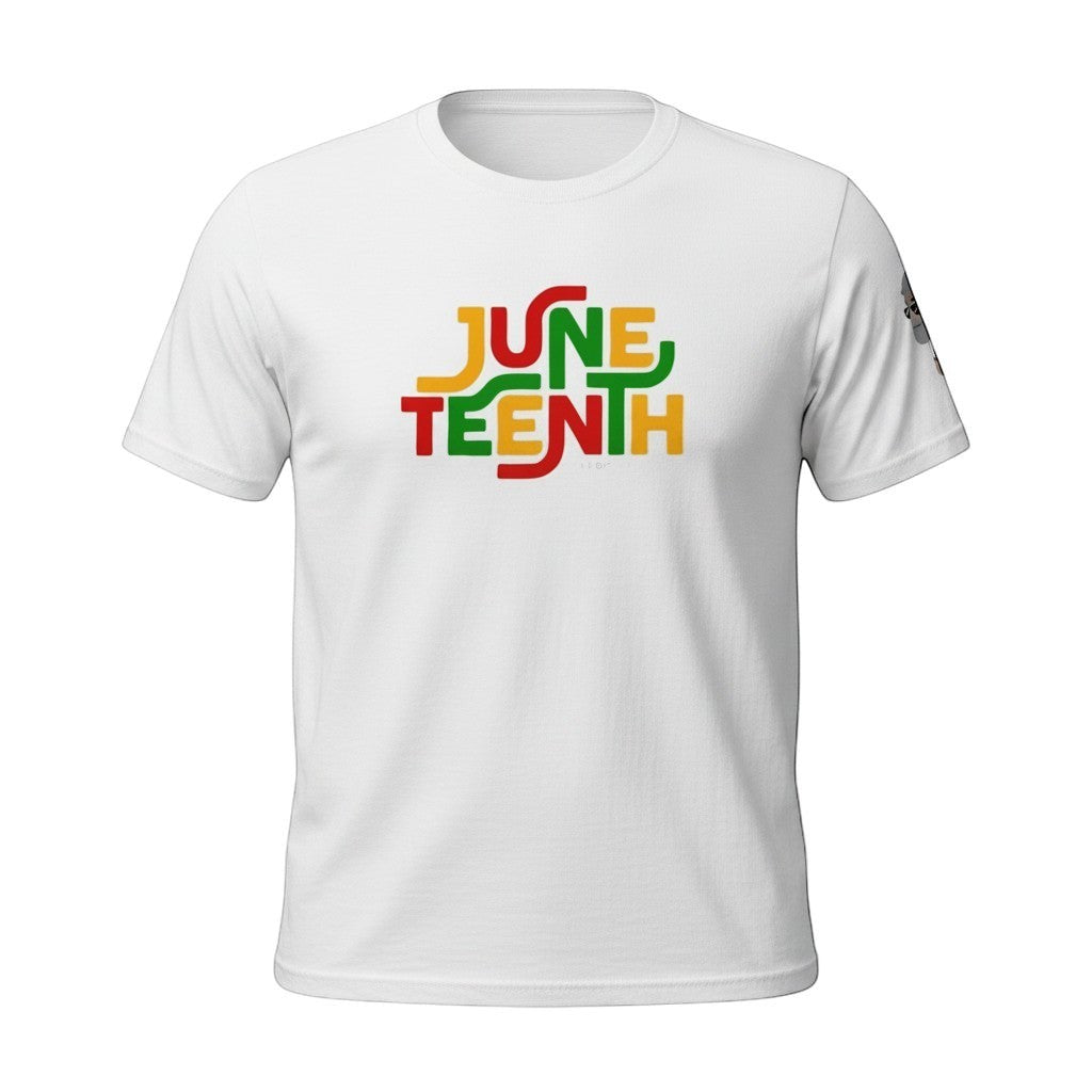 Big Daddy Allen Productions white cotton Juneteenth graphic t-shirt with red, yellow, and green text.