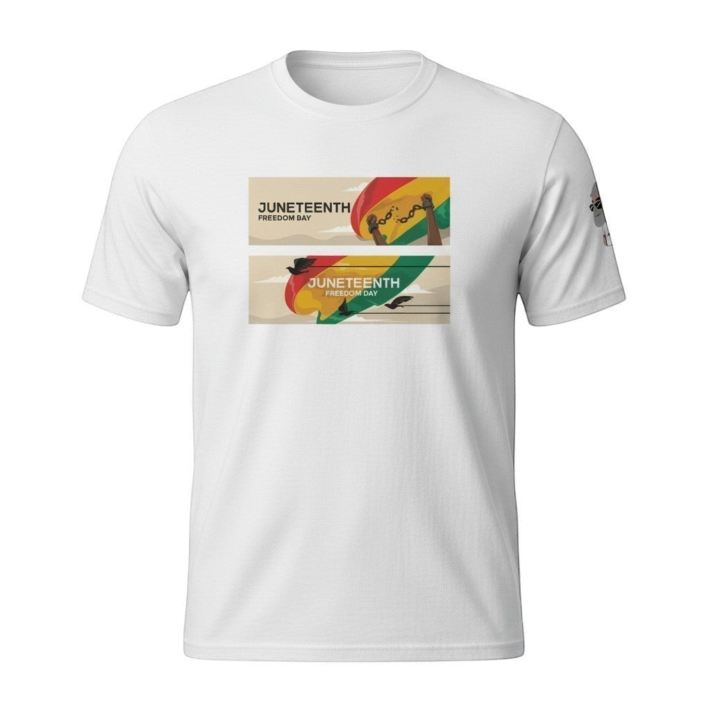 Big Daddy Allen Productions white cotton t-shirt with Juneteenth graphic featuring broken chains and Pan-African flag.