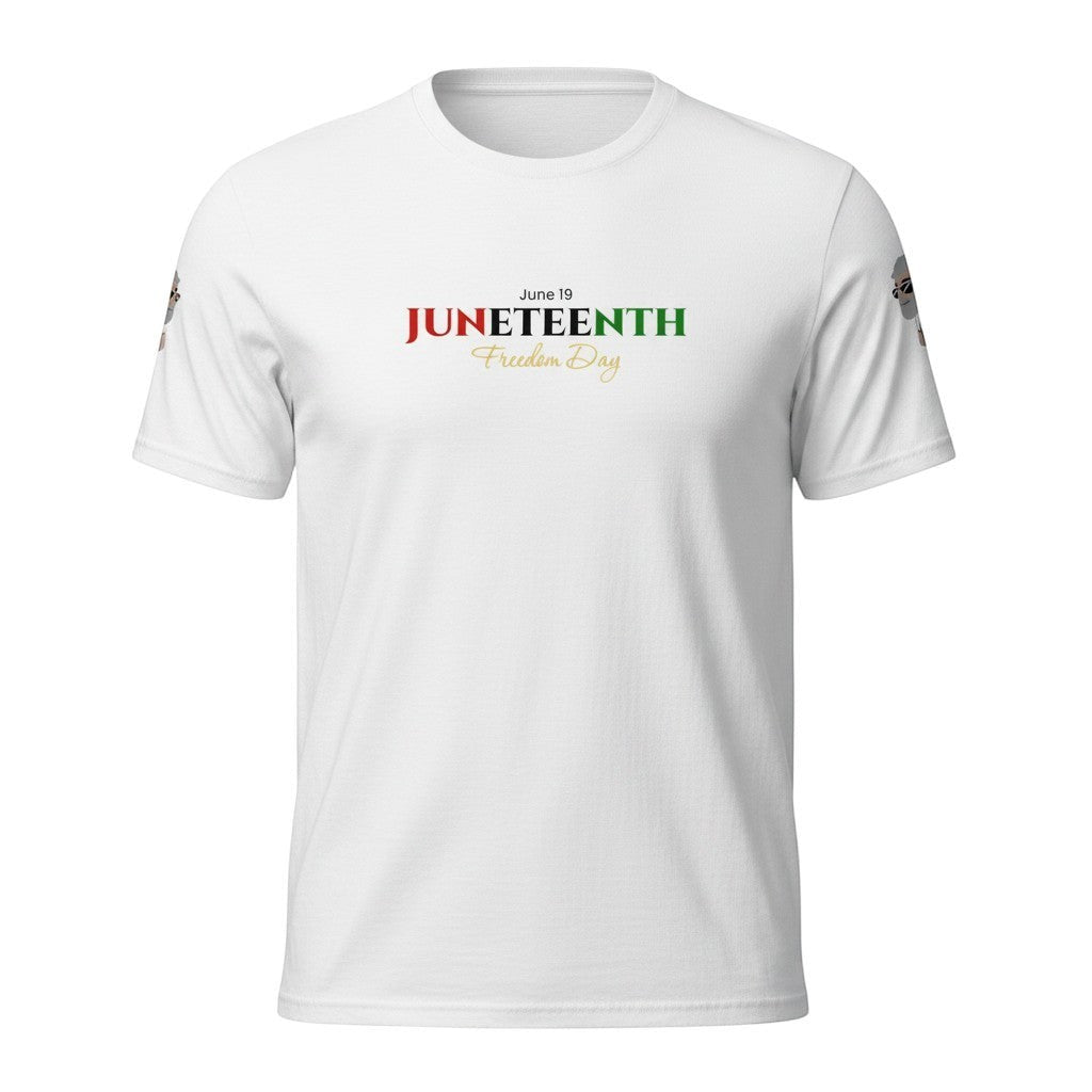 Big Daddy Allen Productions white cotton t-shirt with "June 19 Juneteenth Freedom Day" graphic in red, black, green, and gold.