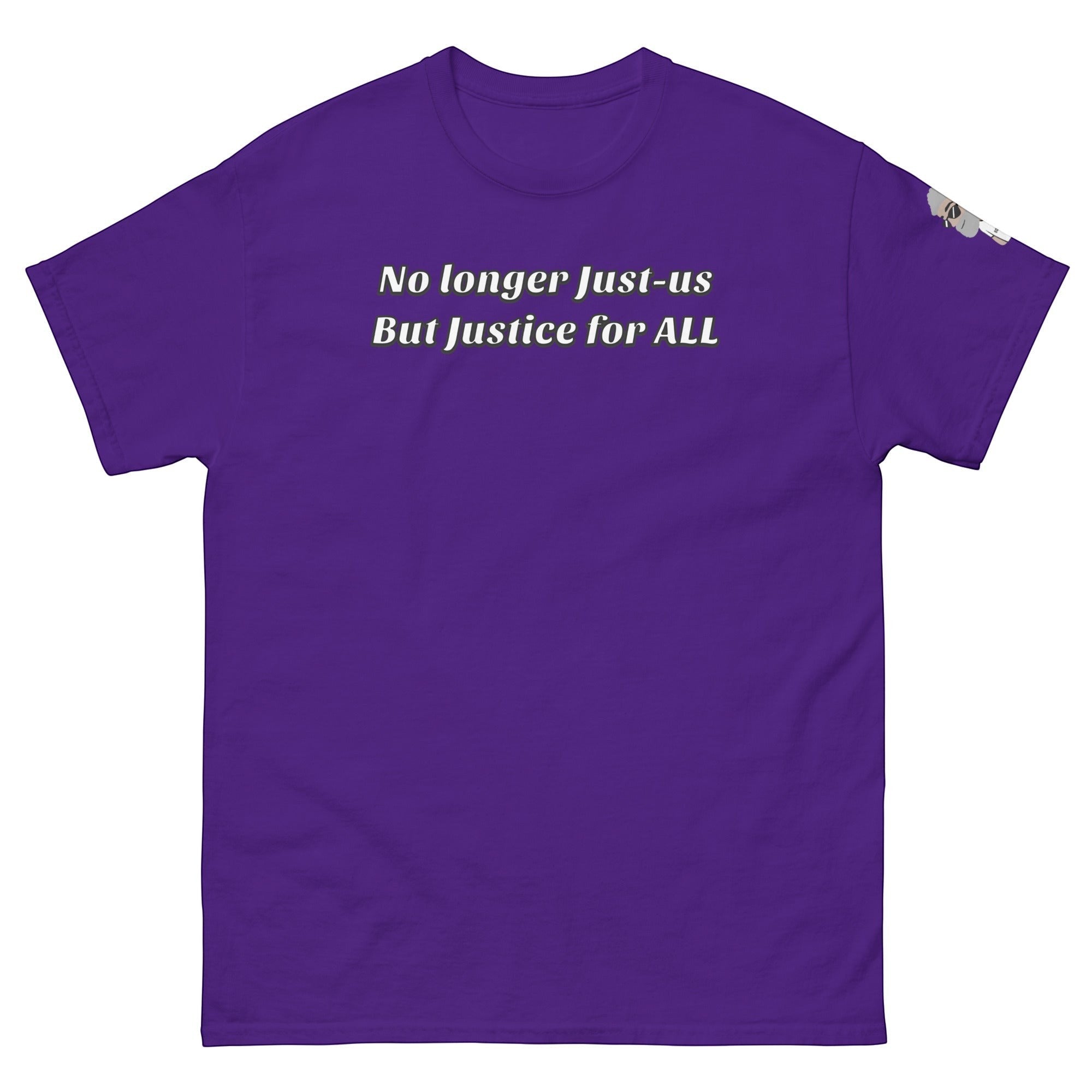 Big Daddy Allen Productions purple cotton t-shirt with white text: "No longer Just-us But Justice for ALL"