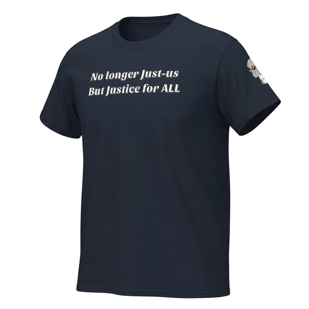 Big Daddy Allen Productions navy blue cotton t-shirt with white text "No longer Just-us But Justice for ALL"