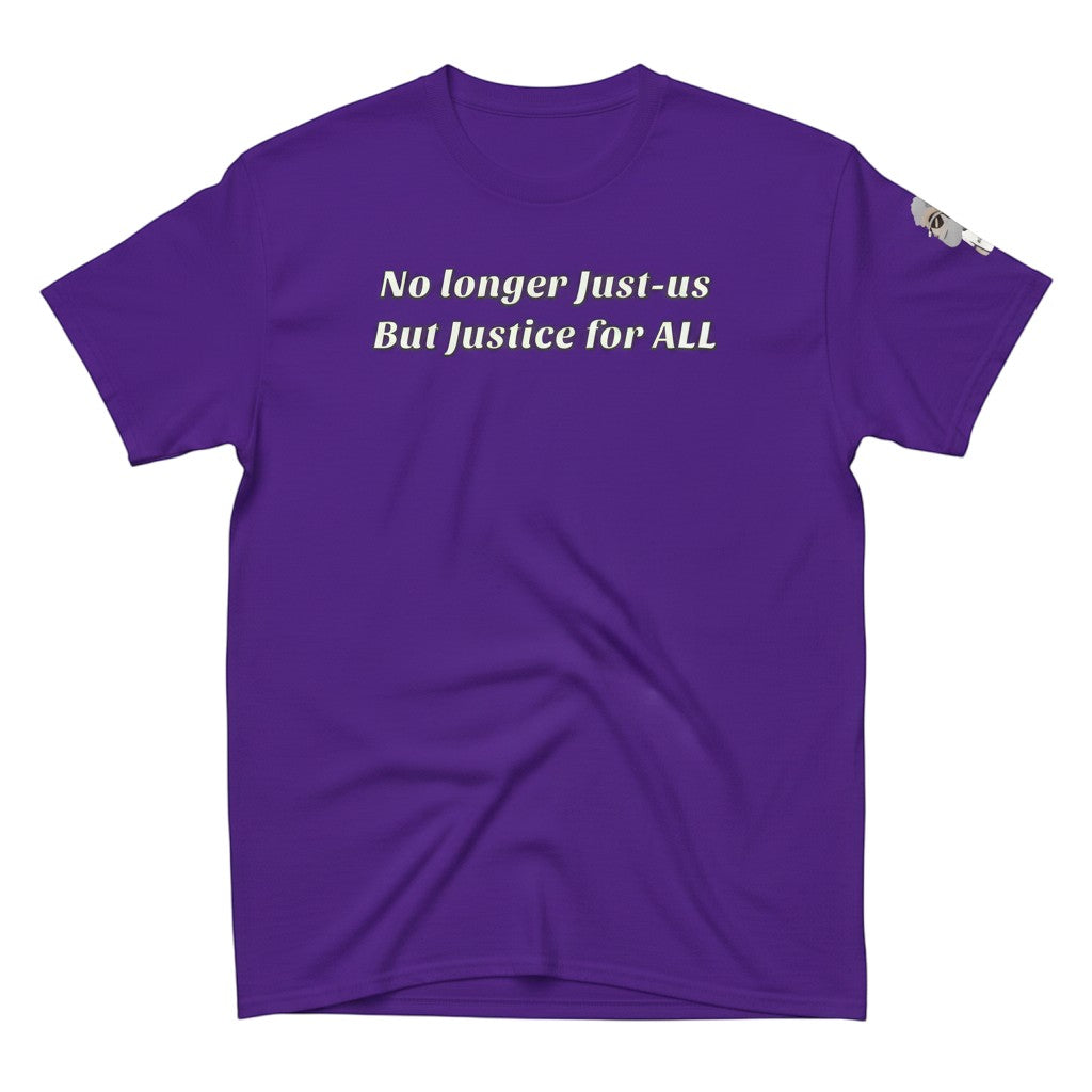Big Daddy Allen Productions purple cotton t-shirt with white text reading "No longer Just-us But Justice for ALL"