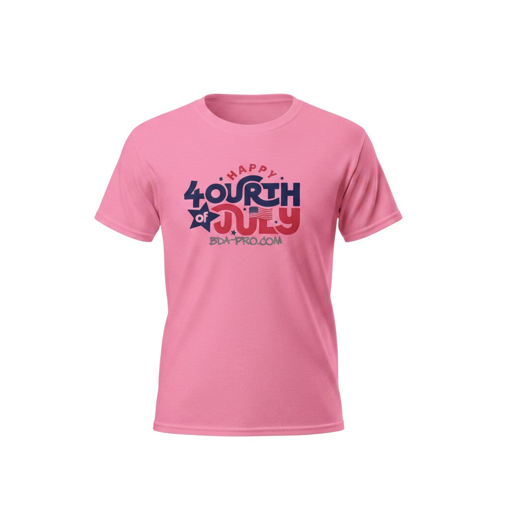 Big Daddy Allen Productions pink 100% cotton kid's graphic t-shirt with "Happy Fourth of July" text and American flag detail.