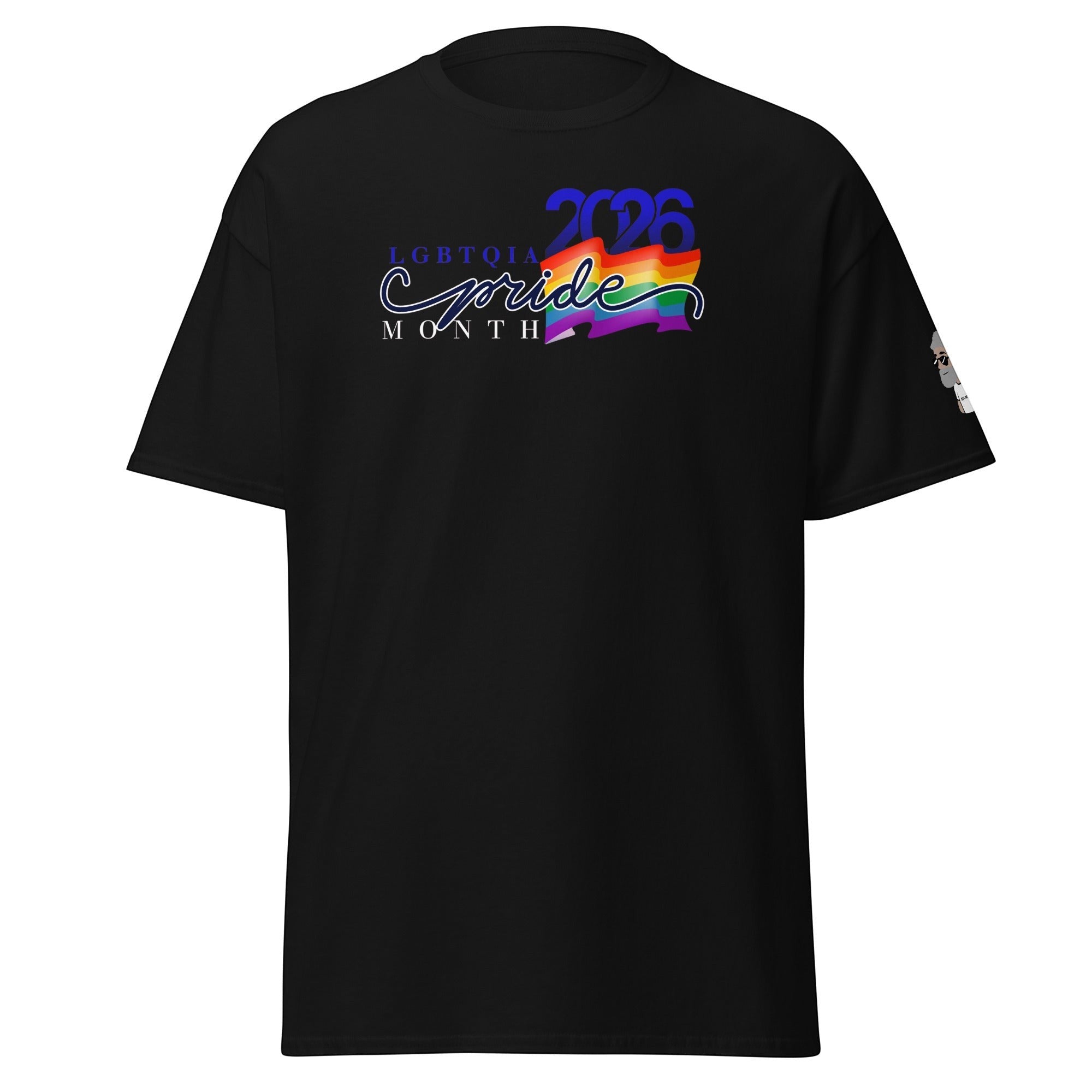 Big Daddy Allen Productions black cotton t-shirt with LGBTQIA Pride Month graphic and rainbow flag.