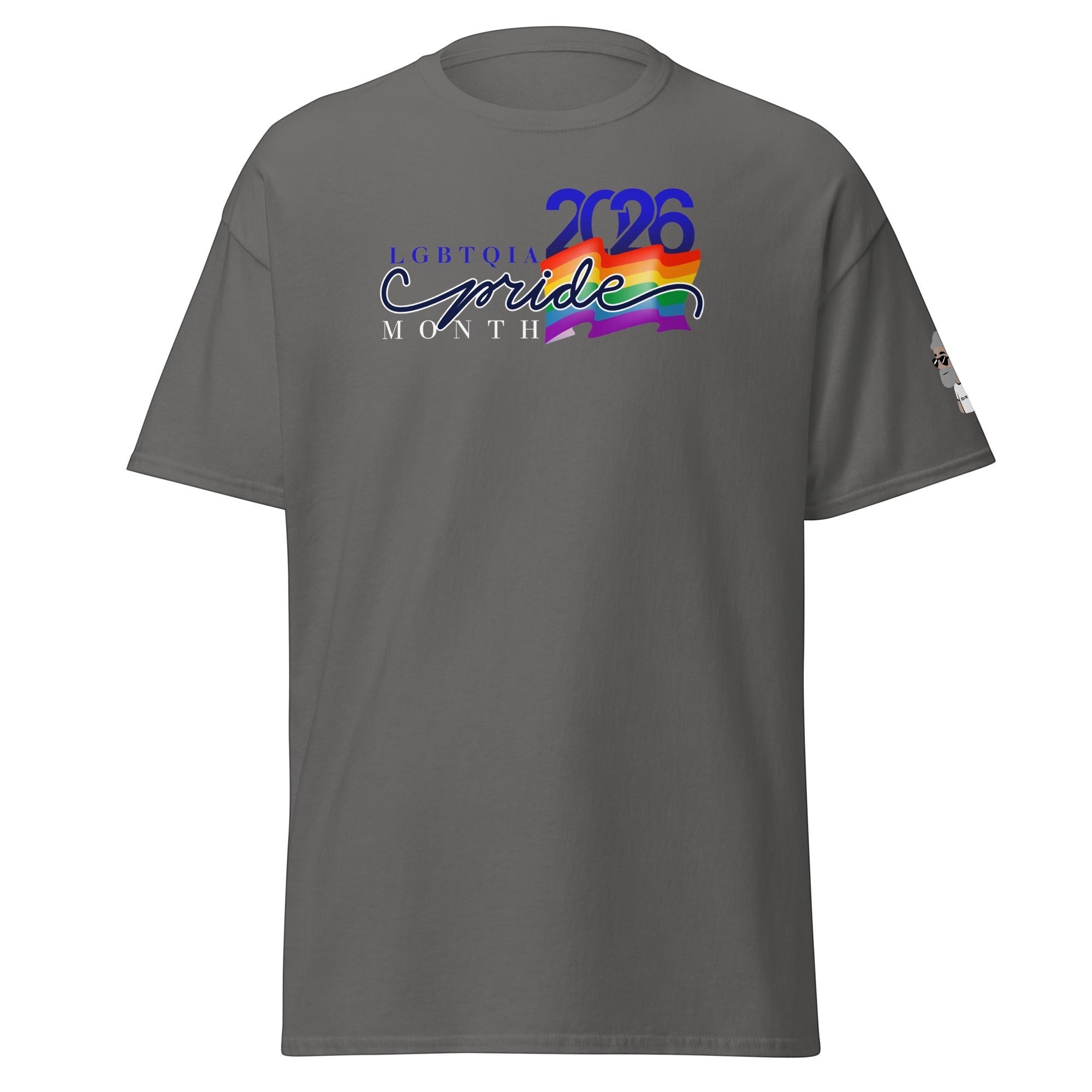 Big Daddy Allen Productions charcoal grey cotton t-shirt with LGBTQIA Pride Month graphic and rainbow flag.