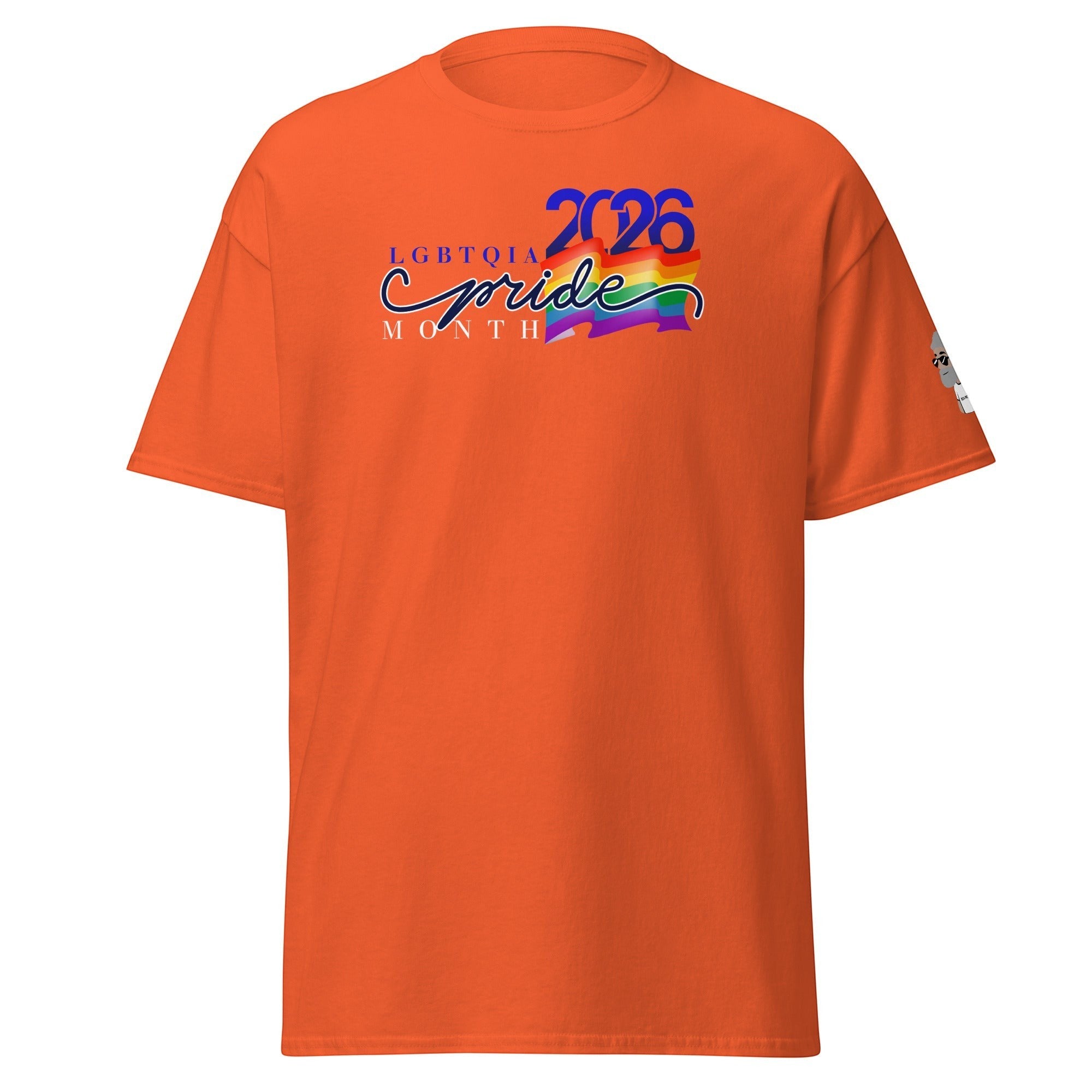 Big Daddy Allen Productions orange cotton t-shirt with LGBTQIA Pride Month graphic and rainbow flag.
