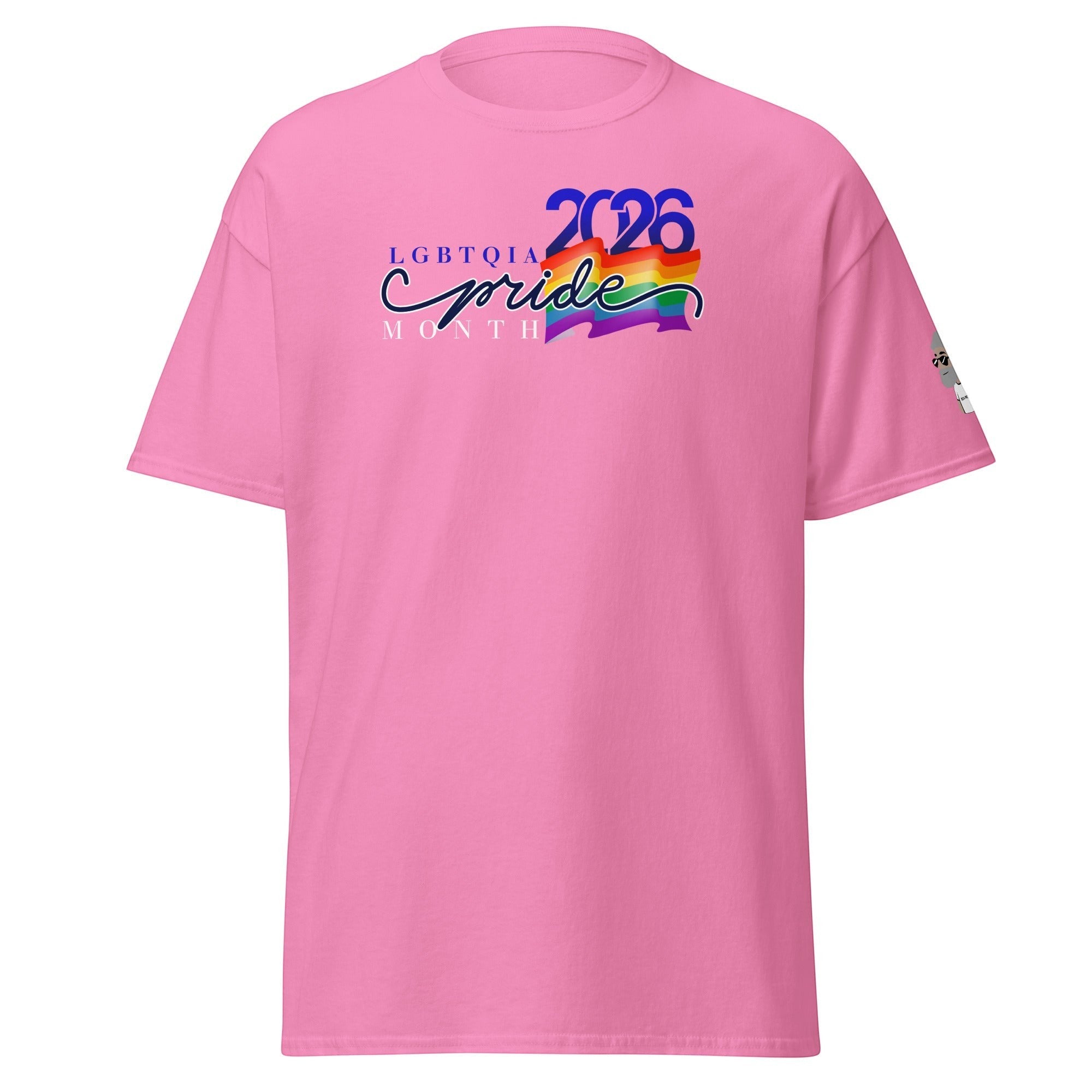 Big Daddy Allen Productions pink cotton t-shirt with "LGBTQIA Pride Month" graphic and rainbow flag. Year 2026 displayed.