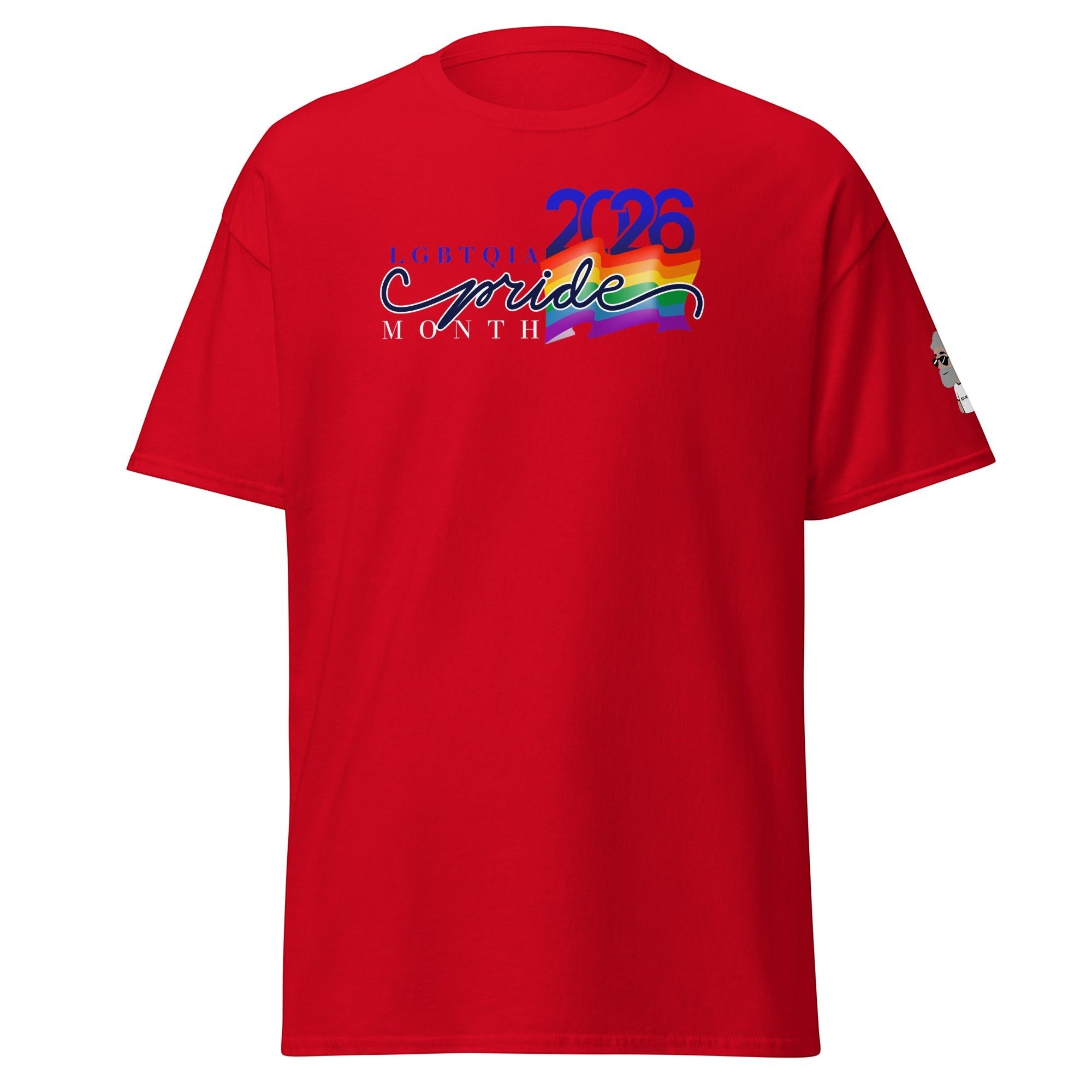 Big Daddy Allen Productions red cotton t-shirt with LGBTQIA Pride Month graphic and rainbow flag.