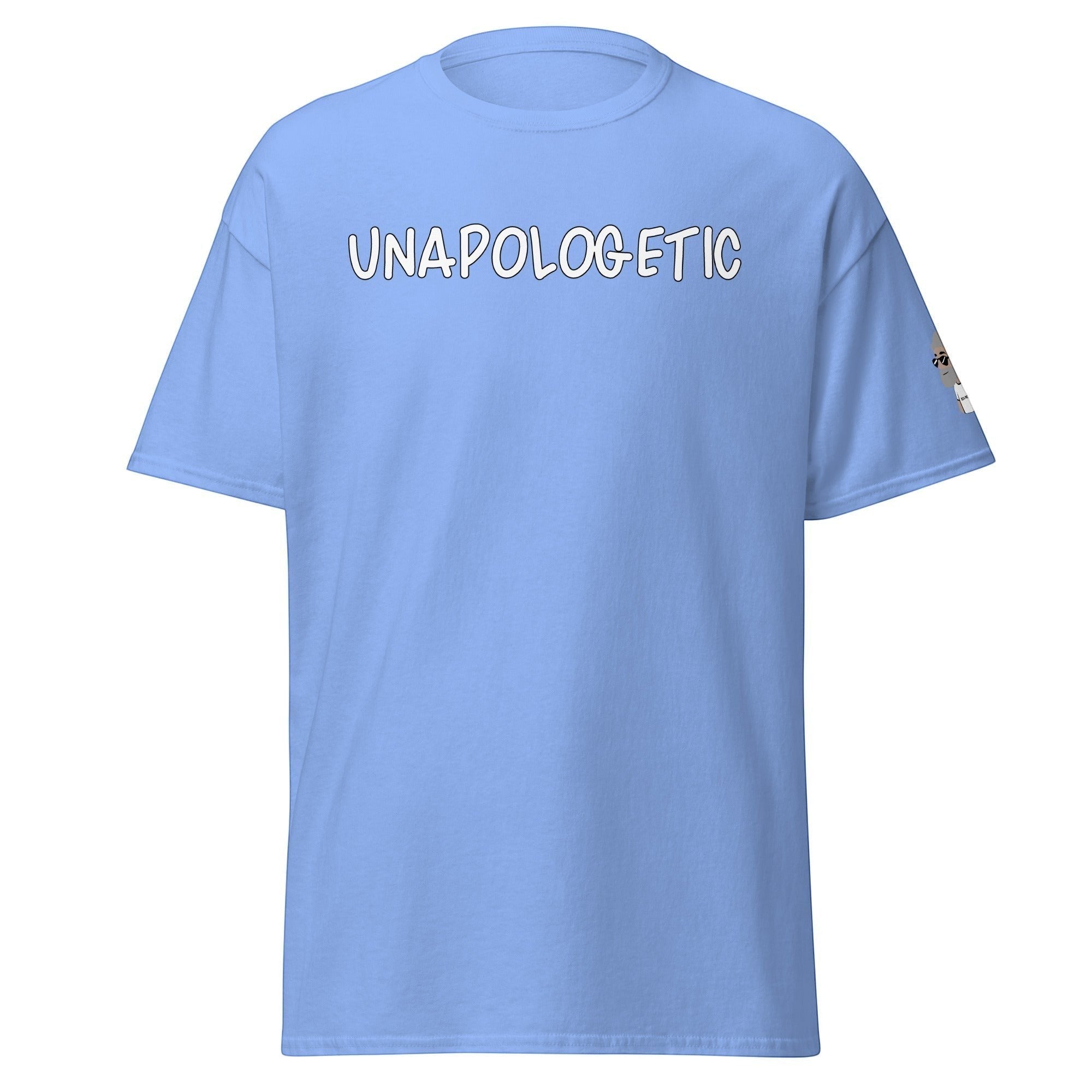 Big Daddy Allen Productions light blue graphic t-shirt with UNAPOLOGETIC printed in white on the chest
