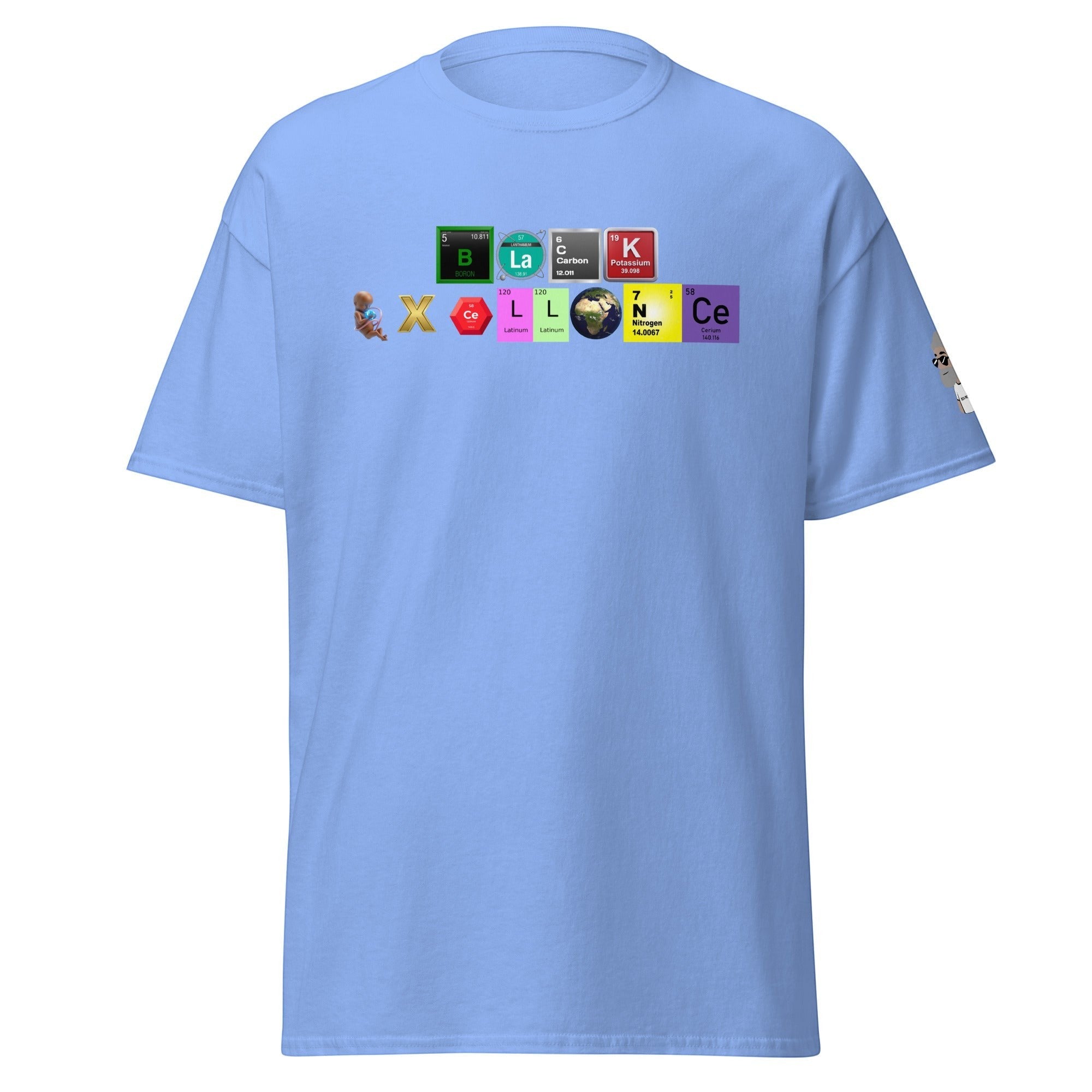 Big Daddy Allen Productions light blue graphic tee featuring a periodic table design spelling Black Excellence