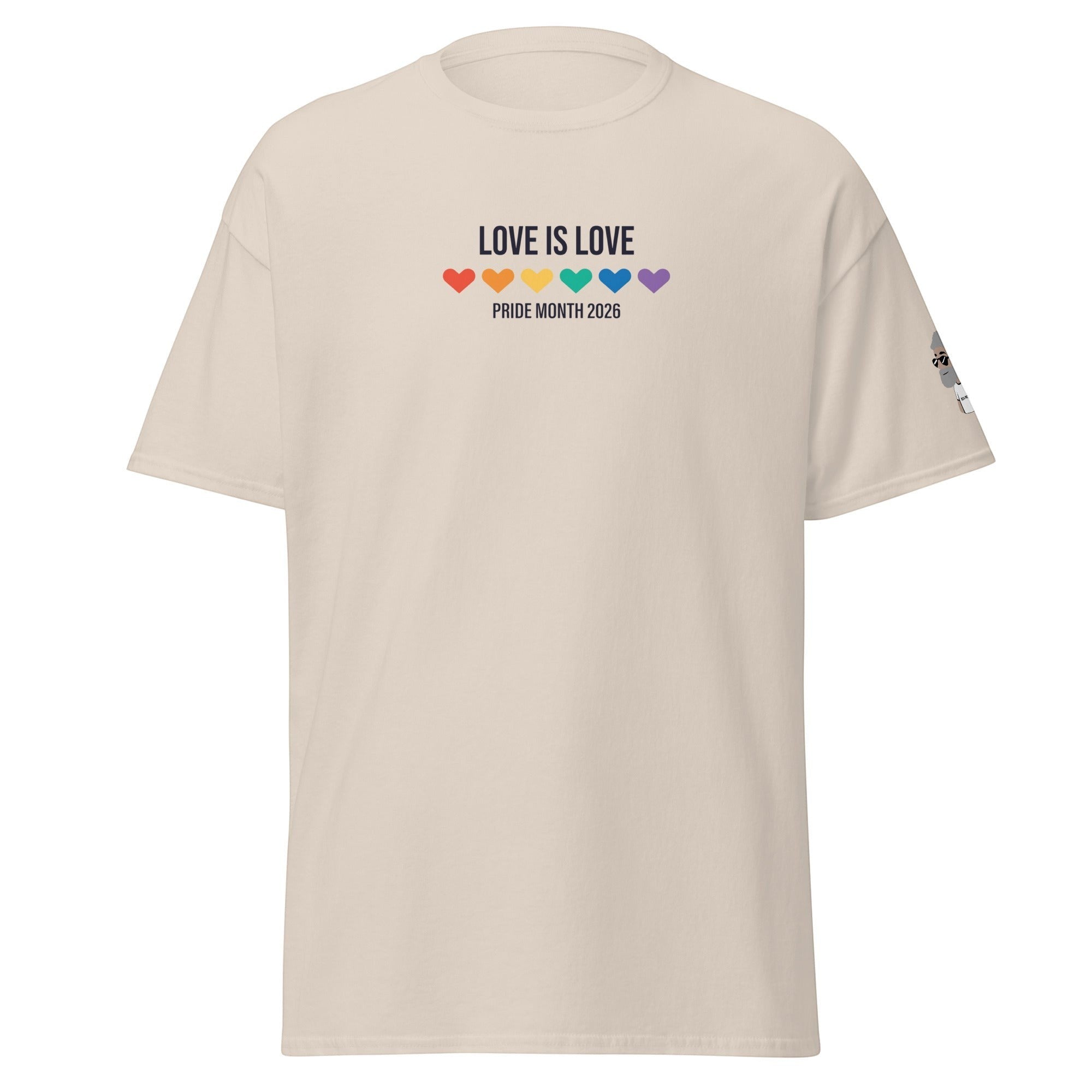 Big Daddy Allen Productions beige cotton t-shirt with "LOVE IS LOVE" text and rainbow hearts graphic, Pride Month 2026.