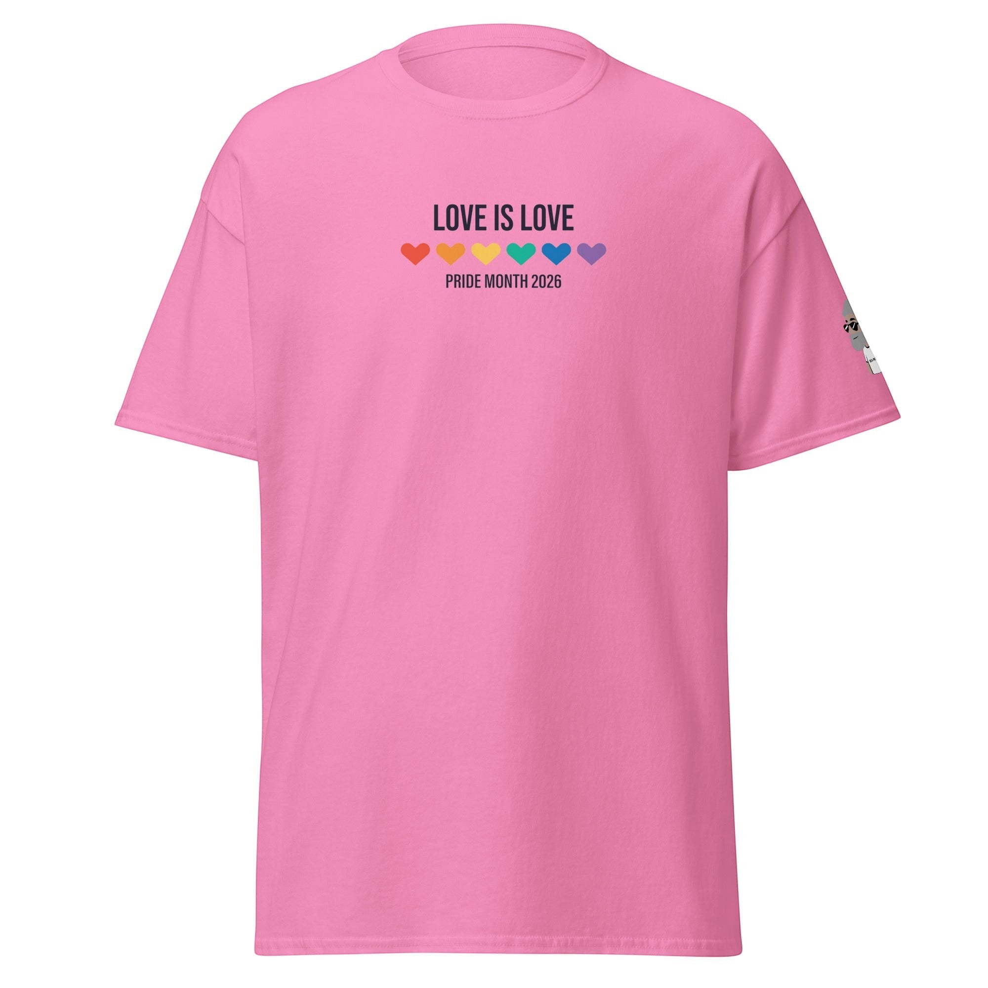Big Daddy Allen Productions pink cotton t-shirt with "LOVE IS LOVE" text and rainbow hearts, Pride Month 2026 graphic.