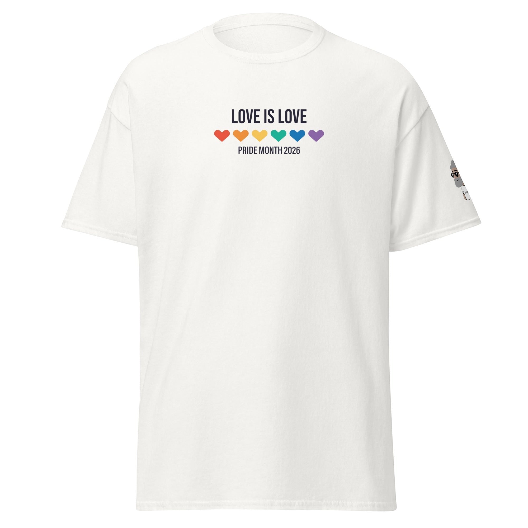 Big Daddy Allen Productions white cotton t-shirt with "LOVE IS LOVE" text and rainbow hearts, "Pride Month 2026" below.