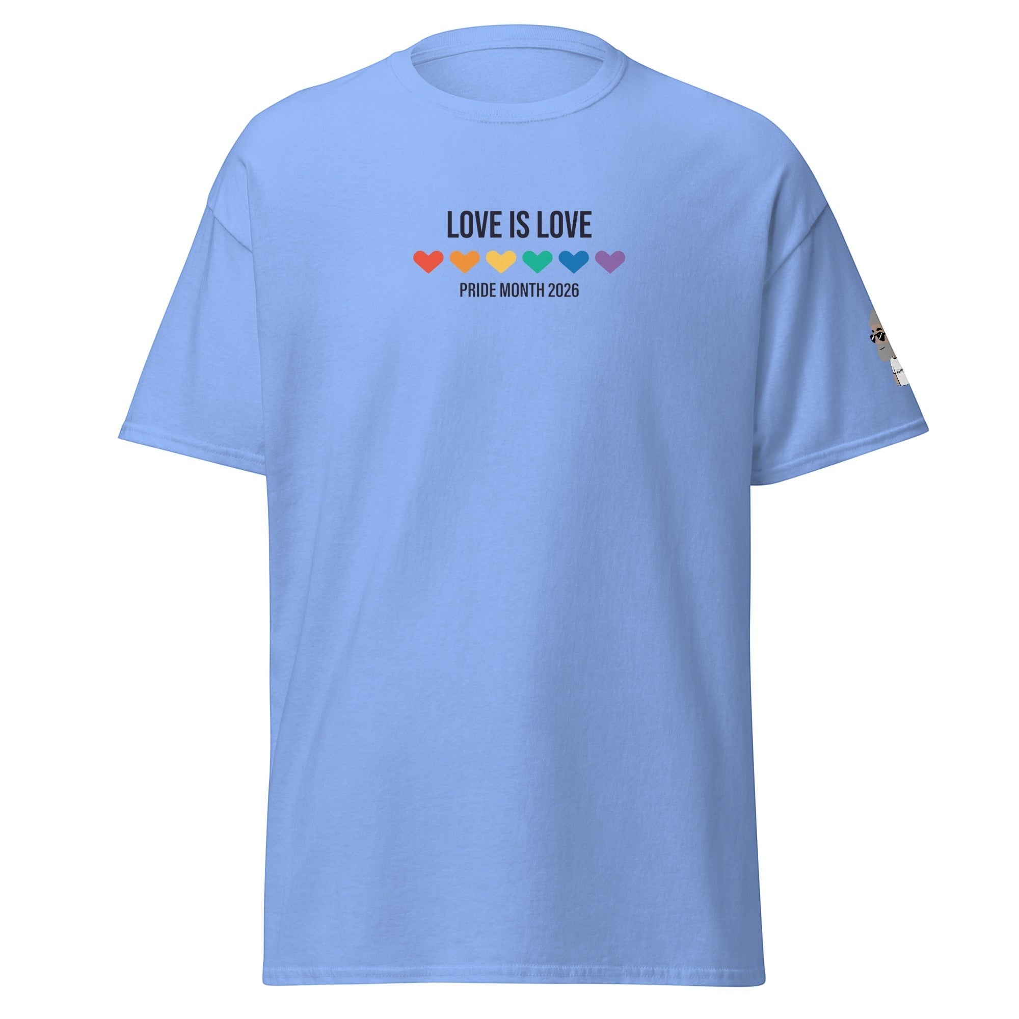 Big Daddy Allen Productions light blue cotton t-shirt with "LOVE IS LOVE" text and rainbow hearts, Pride Month 2026.