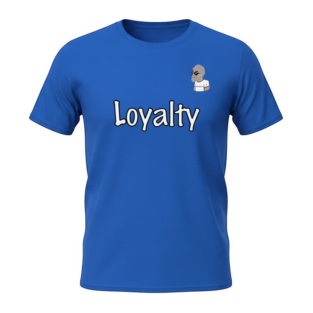 Big Daddy Allen Productions blue cotton t-shirt with "Loyalty" graphic and BDA logo on chest.