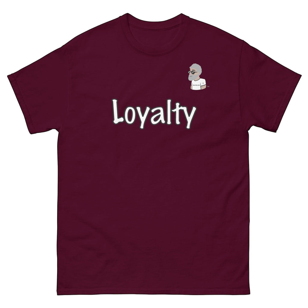 Big Daddy Allen Productions burgundy cotton t-shirt with "Loyalty" graphic and BDA logo on left chest.