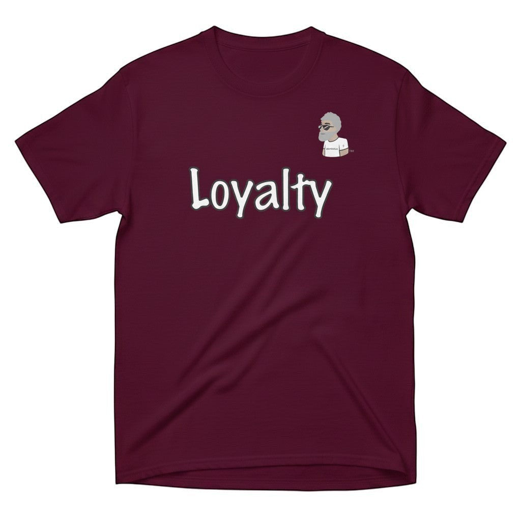Big Daddy Allen Productions burgundy cotton t-shirt with "Loyalty" graphic and BDA logo on chest.