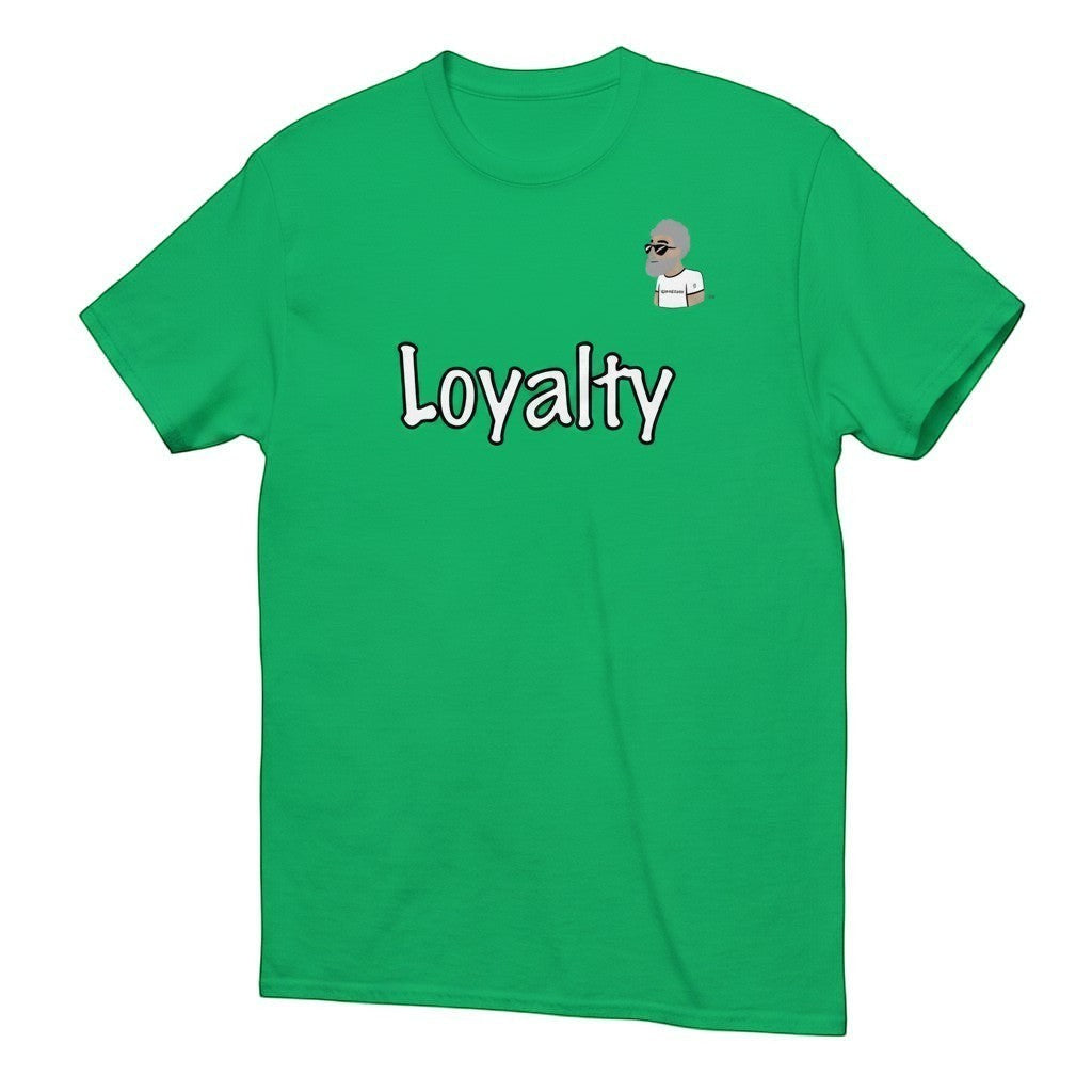 Big Daddy Allen Productions green cotton t-shirt with "Loyalty" graphic and BDA logo on left chest.